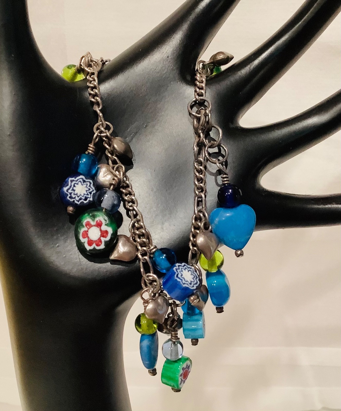 Vintage Sterling Charm Bracelet Puffed Hearts Millefiori Glass Hearts & Flowers