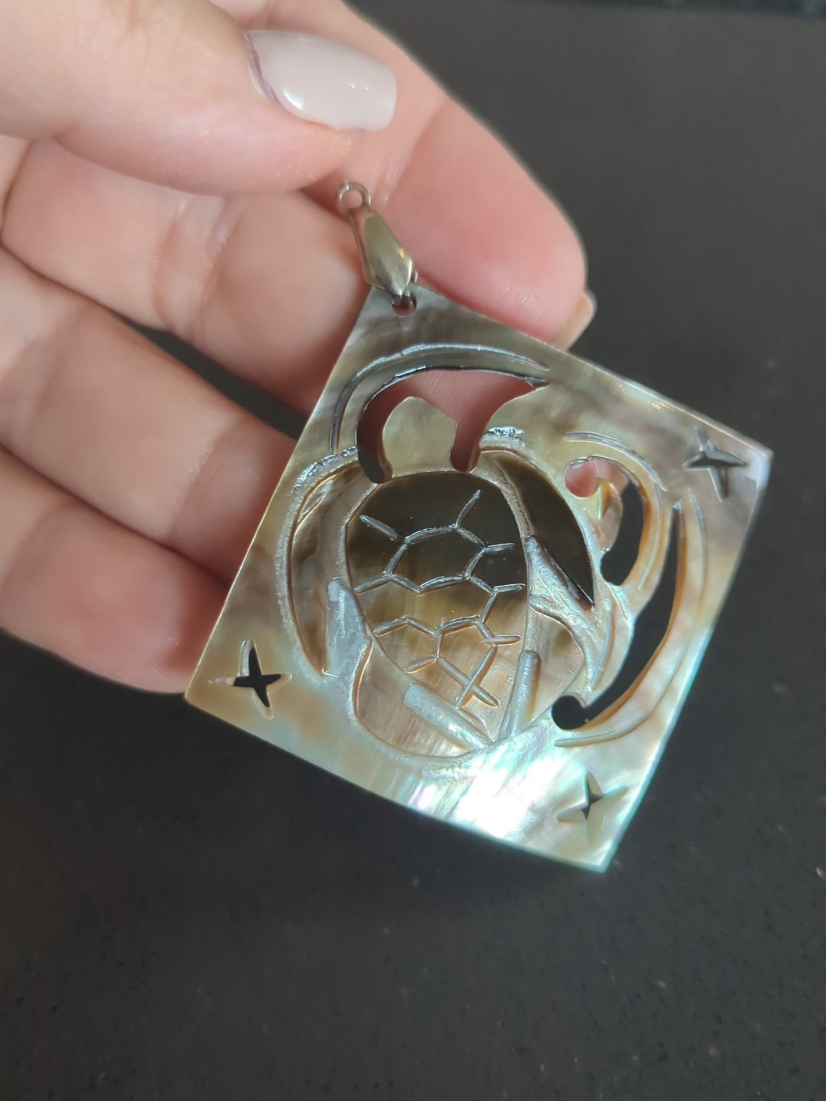 Carved Mother of Pearl Abalone Doublet Sea Turtle Necklace Pendant J13