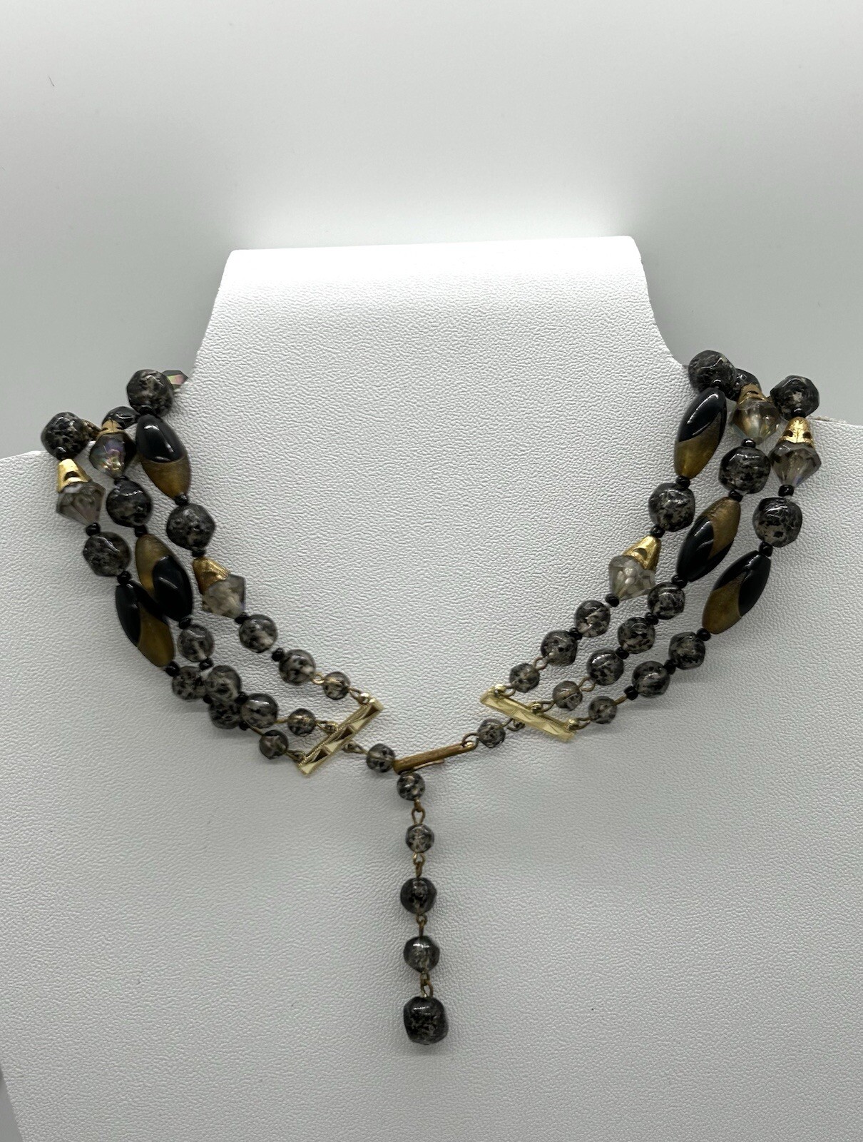 Vintage W.Germany 3 Strand Black And Gold Tone Beads Necklace Adjustable 15-17in
