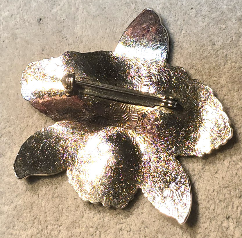 Vintage Cloisonne Enameled Orchid Brooch Pink Purple Silver Tone 2 inch