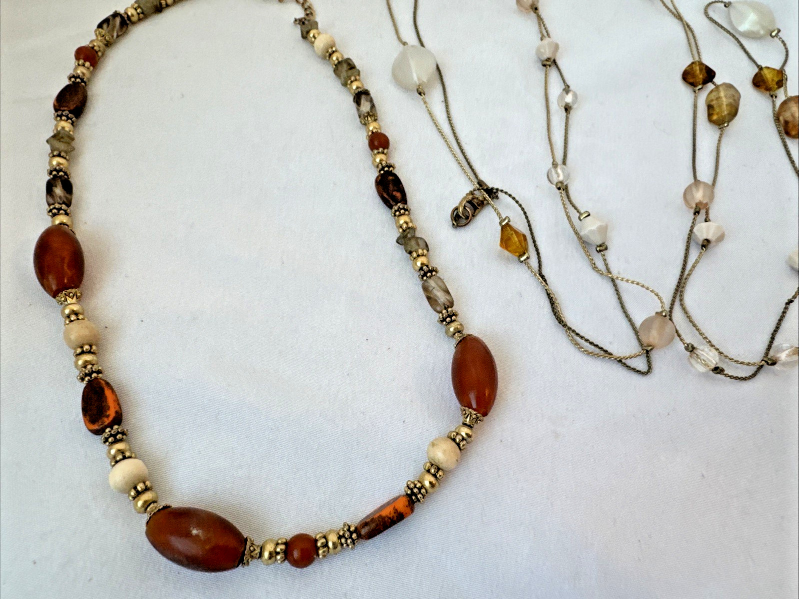 vtg *2 Necklaces Stack* Earthtones GOLD bead chain textured Jewelry Lot-1 signed