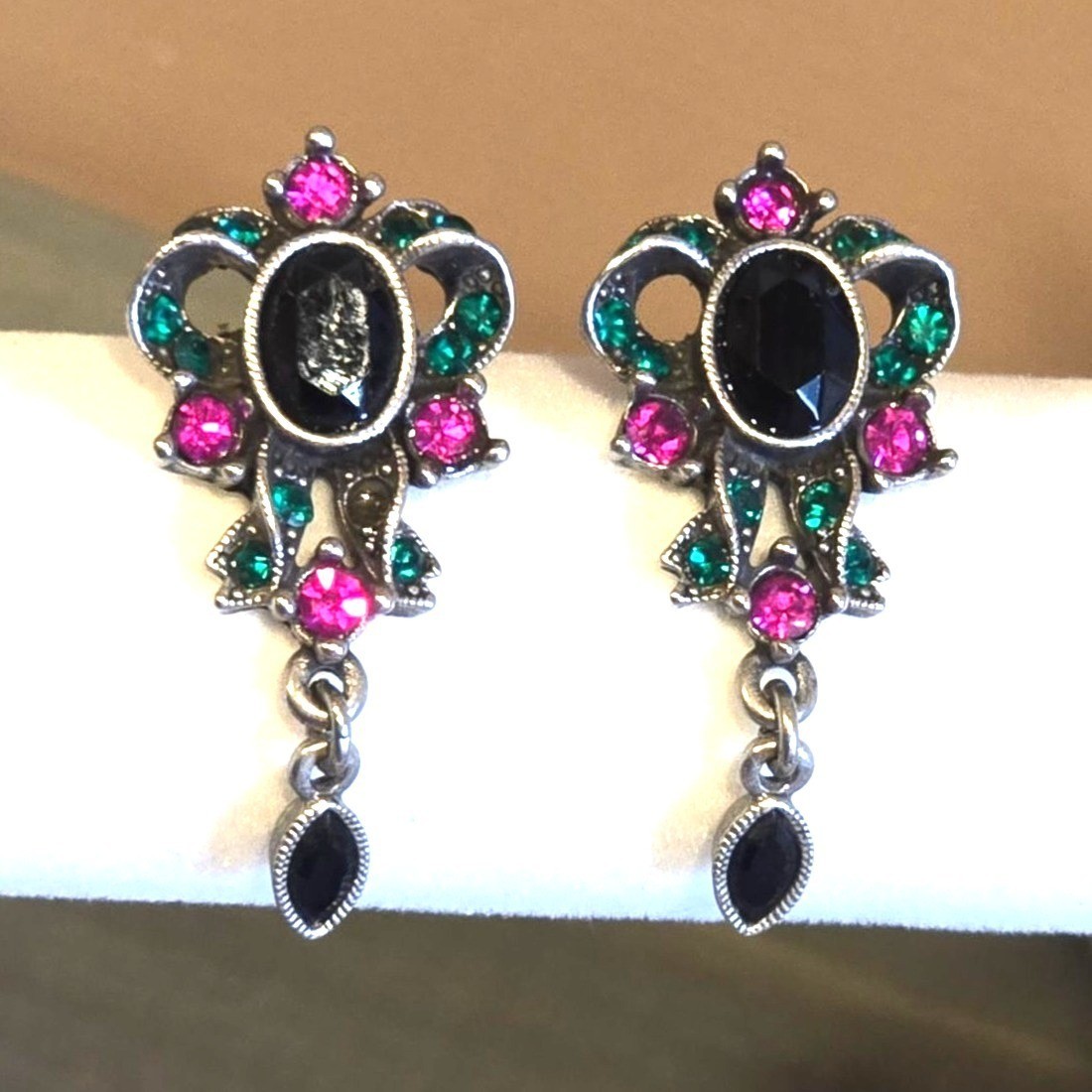 1928 Vintage Dangle Earrings Black Cabochon Pink Green Crystal Drop Bow shaped