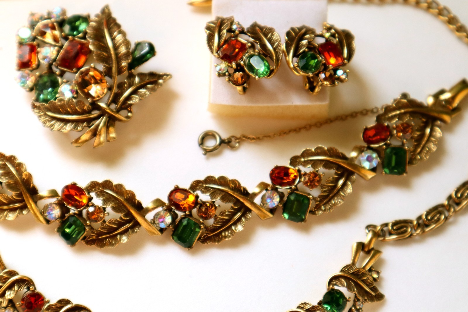 Vintage CORO PARURE Rhinestone Set Fall Colors Necklace Bracelet Earrings Brooch