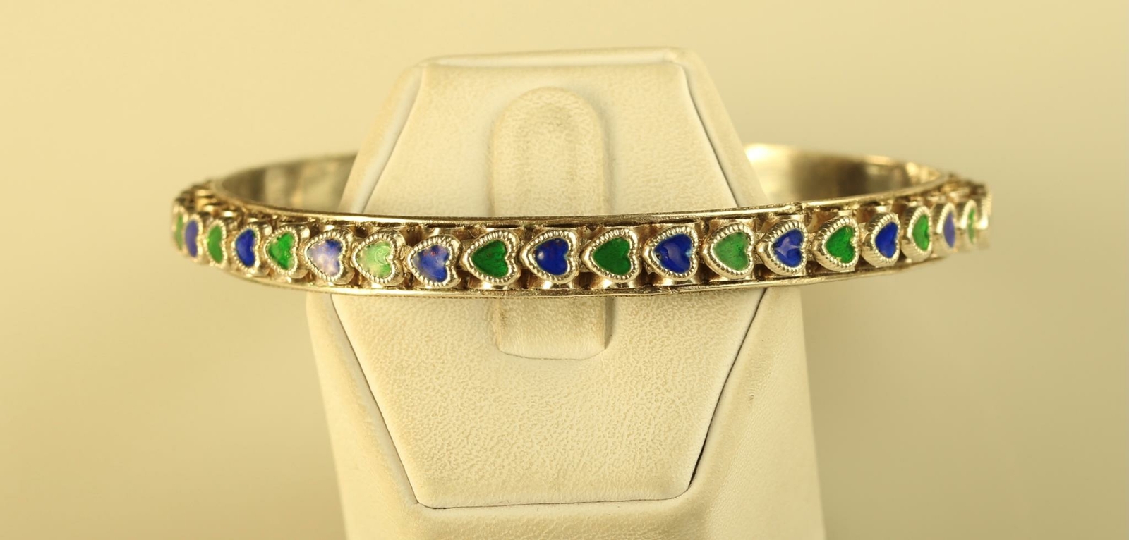Vintage Sterling handmade Enamel Green and Blue Puff Heart Bangle Bracelet