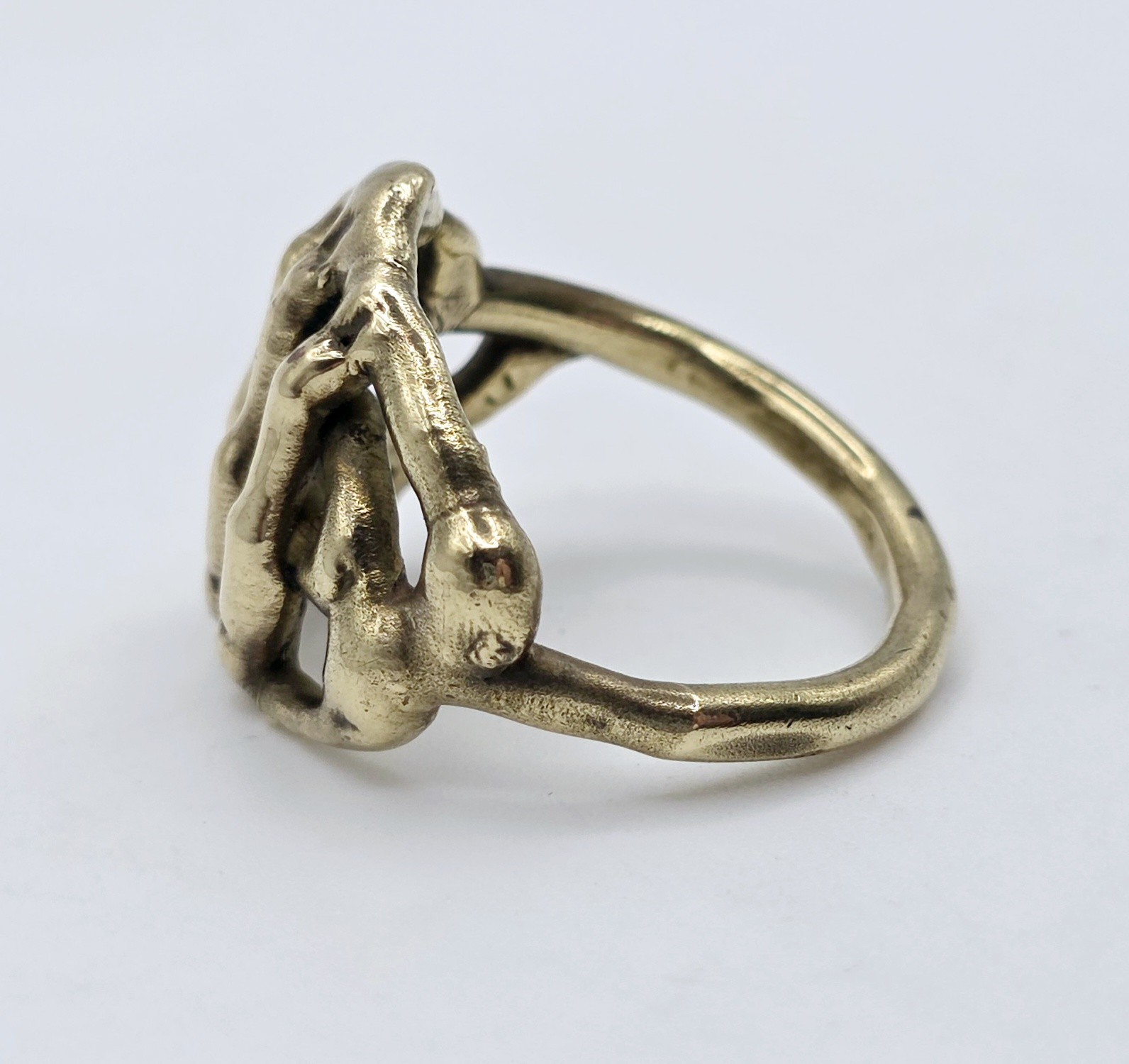 Vintage Brutalist Brass Skeleton Hand Ring Sz 8.75 MCM Modernist Goth Statement