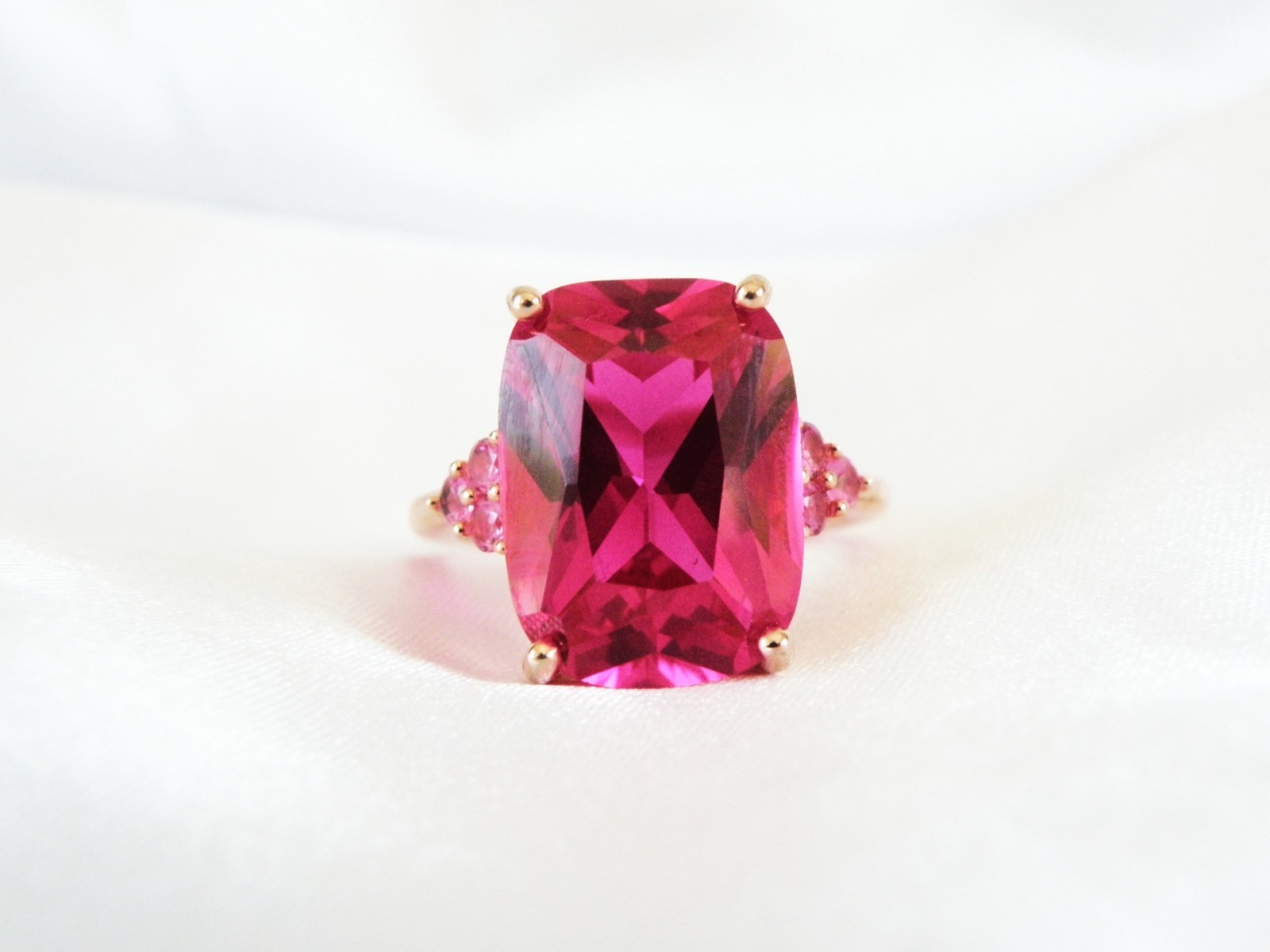 Sterling Silver 925 Rose Gold Large Lab Created Pink Sapphire Ruby Ring Size 10