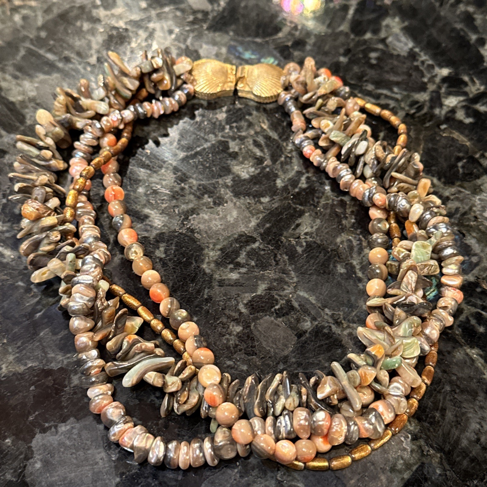 Vtg HELGA WAGNER 4 Strand Polished Shell Fall Bronze Gold Seashell 17″ Necklace