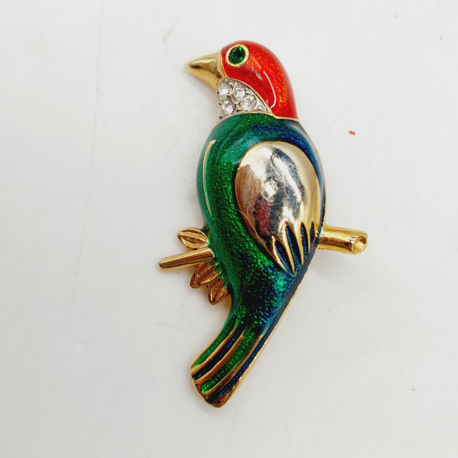 Parrot Brooch Pin Rhinestones Green Blue Enamel Vintage 1.5″