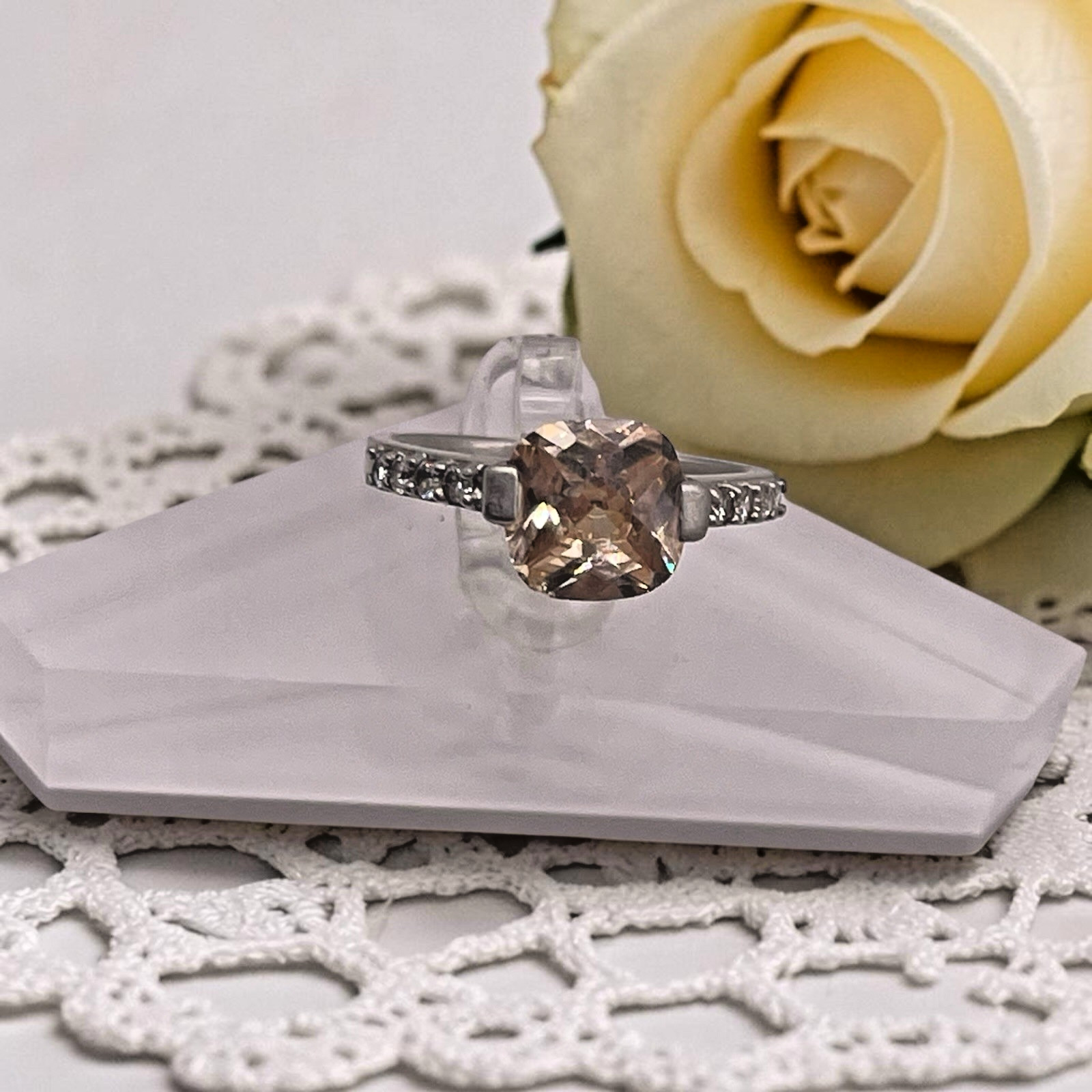 Pale Yellow Citrine CZ w/ Accents 925 Sterling Silver Cocktail Ring, size 8.25