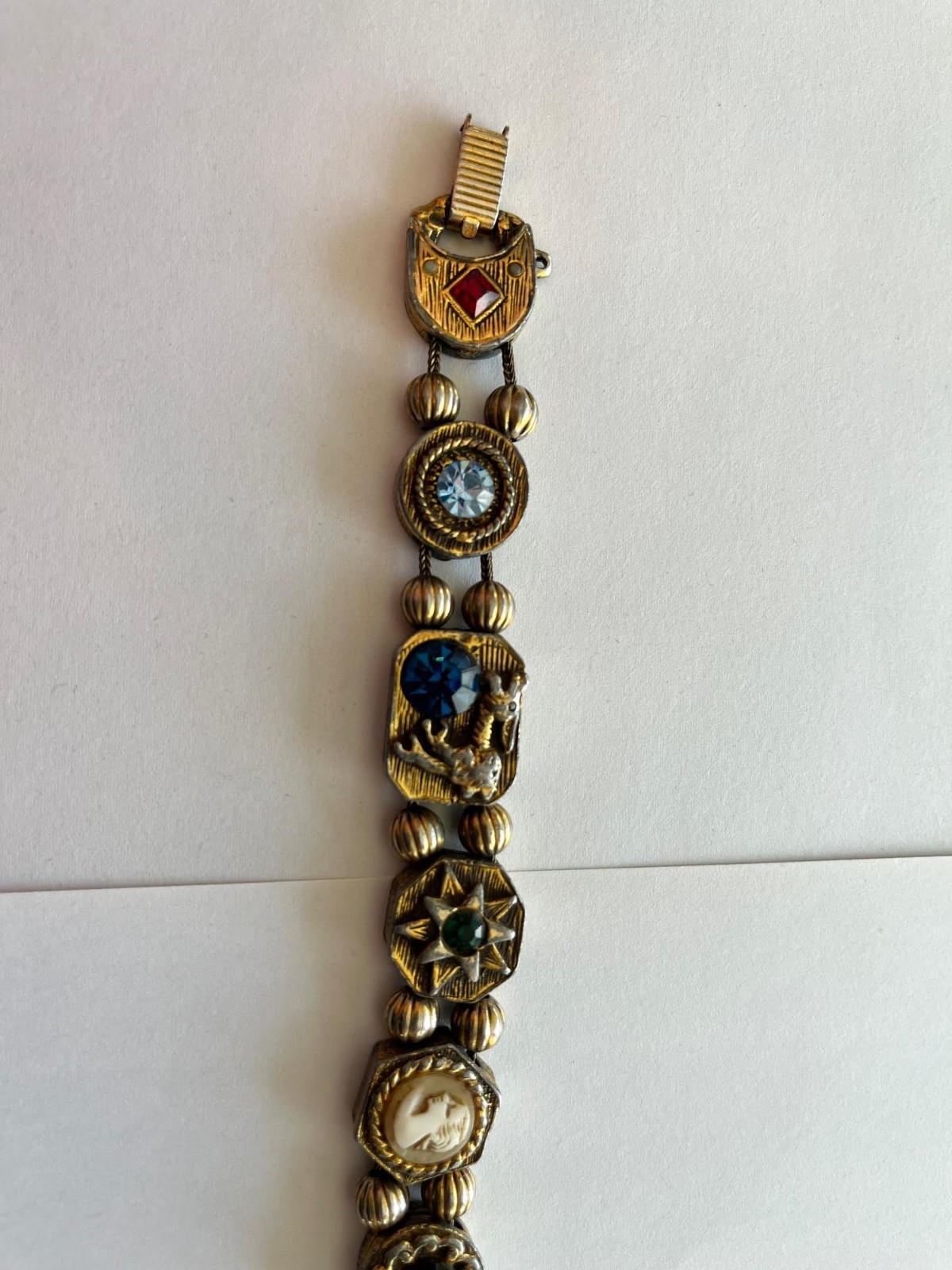 Vintage Goldette Victorian Revival Jeweled 8 Charm Slide Bracelet