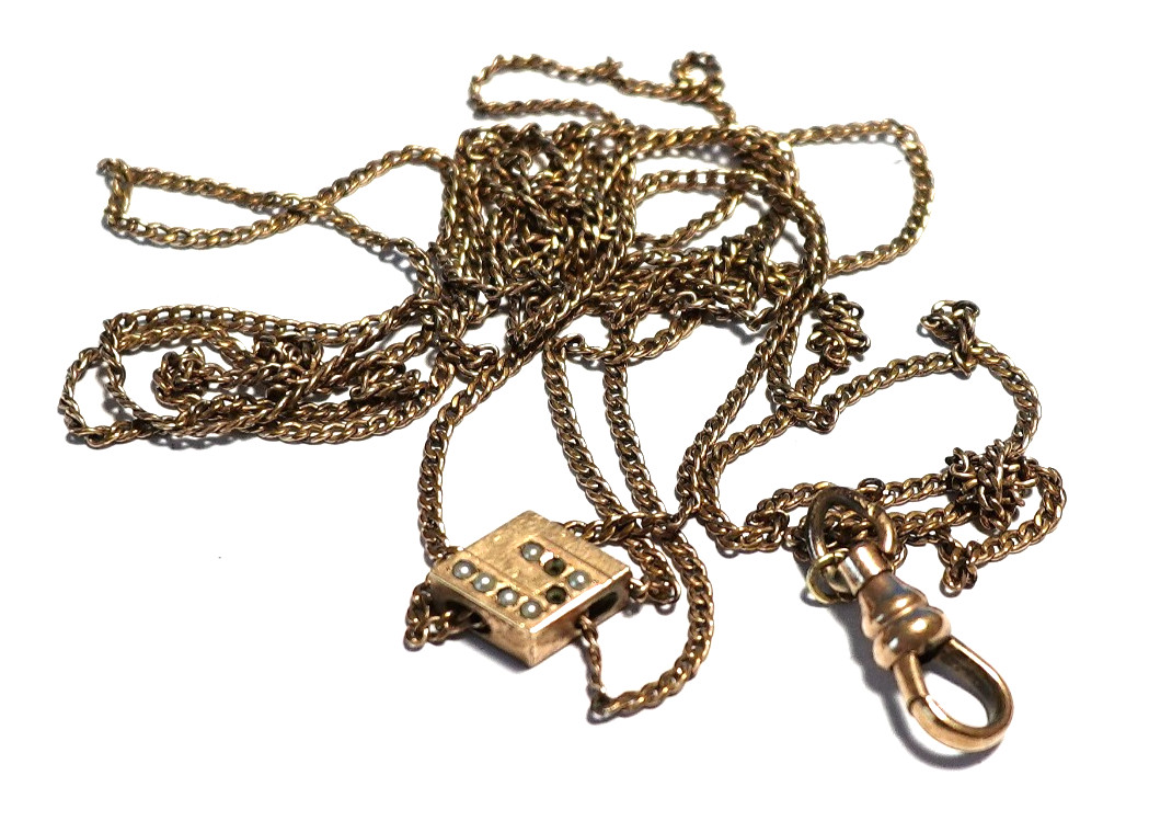 VICTORIAN GOLD FILLED NECKLACE SEED PEARL SLIDE CHATELAINE 56″ 9.8 GRAMS J-755