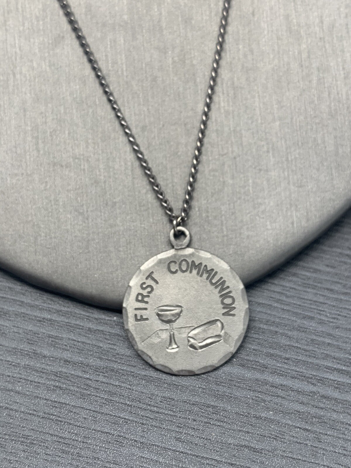Vintage Pewter BDA First Holy Communion Hand Engraved Pendant Necklace 18”