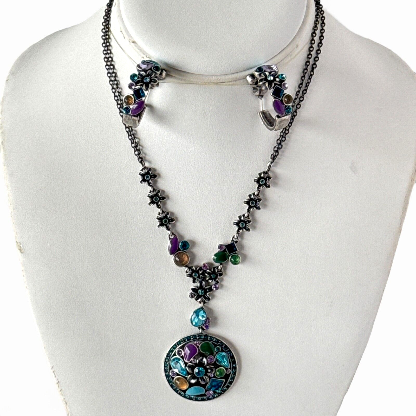 Floral Purple Blue Rhinestone Enamel Pendant Necklace / Earring Set ~Silver Tone