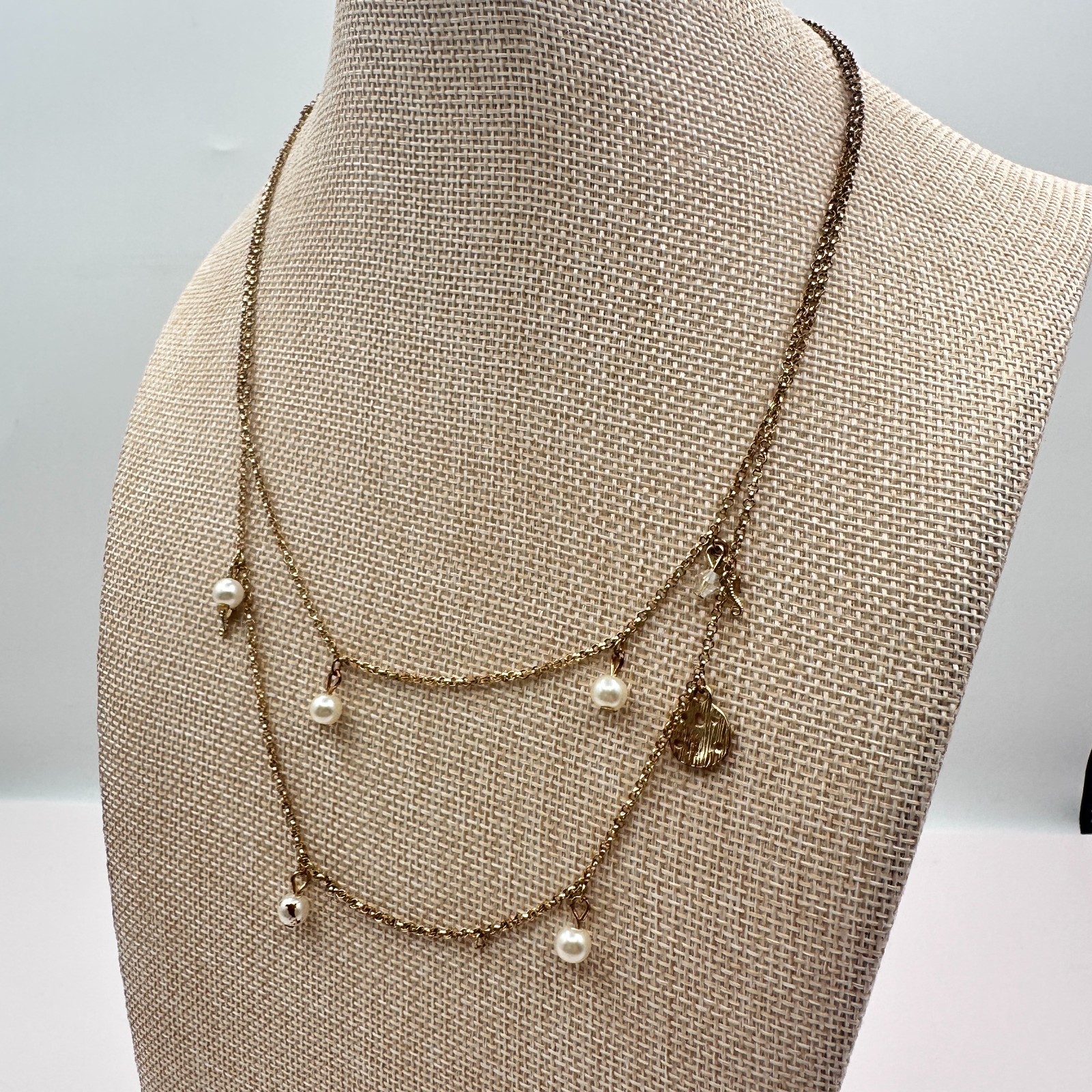 Vintage 90s Gold Tone Double Layer Chain Pearl Charm Station Necklace Jewelry
