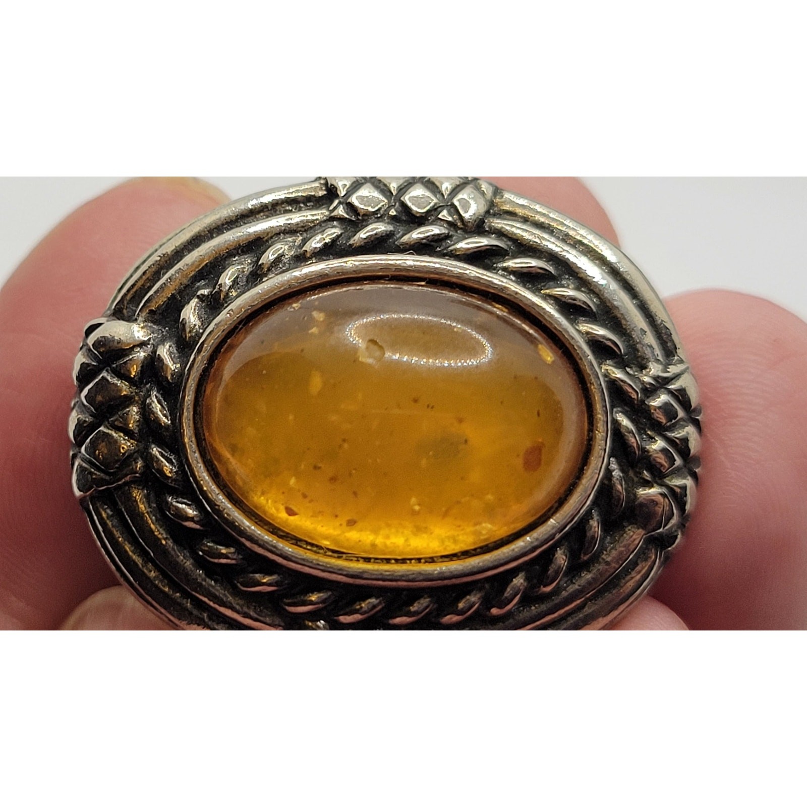 Ben Amun Faux Amber Clip On Earrings Antiqued Silvertone Cabochon Signed Vintage