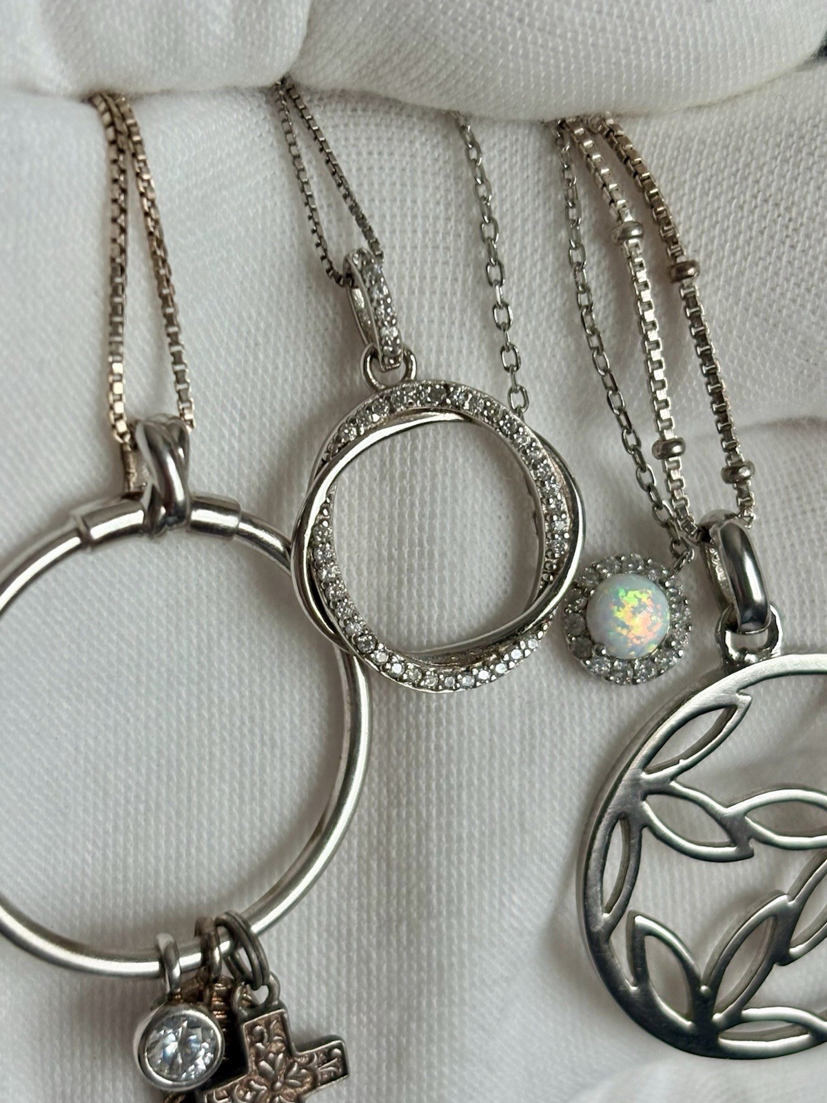 925 Sterling Silver Floral Opal Eternity Pendant Charms Chain Necklace Lot Of 4