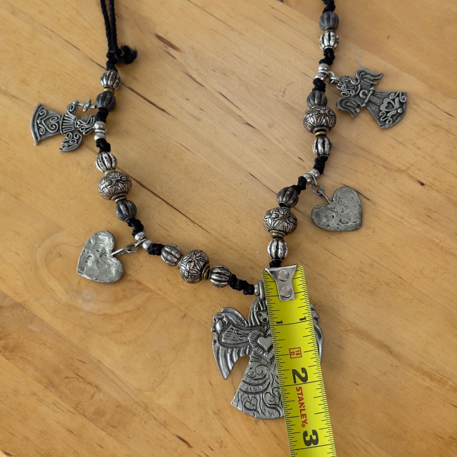 Vintage Signed MARCIE Beaded Pewter 3 Angels Cord Necklace Faith, Hope & Charity