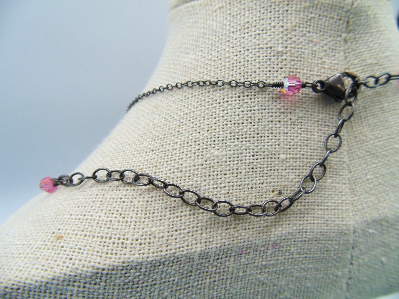 Vintage .925 STERLING SILVER and PINK CRYSTAL Festoon Necklace Adj. 15″-19″ Exc.