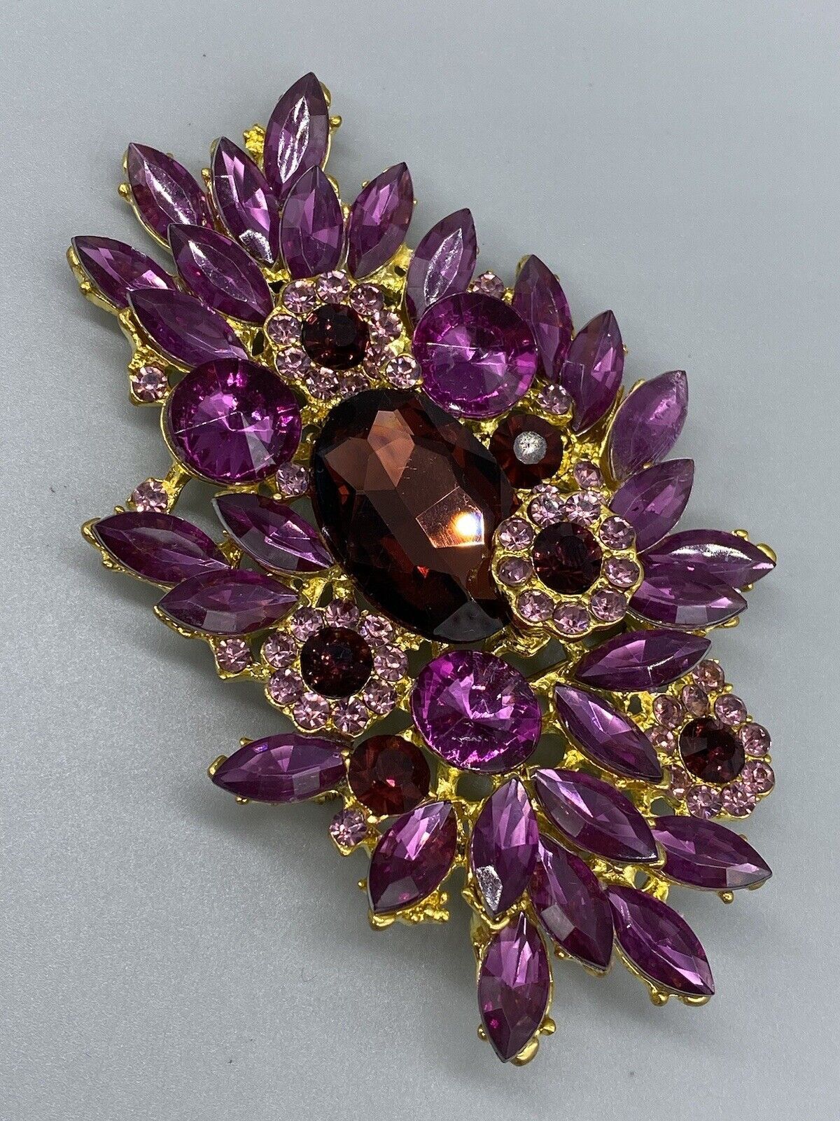 Gold Tone Purple Pink Fuchsia Red Big Rhinestone Large Flower Floral Pin Brooch