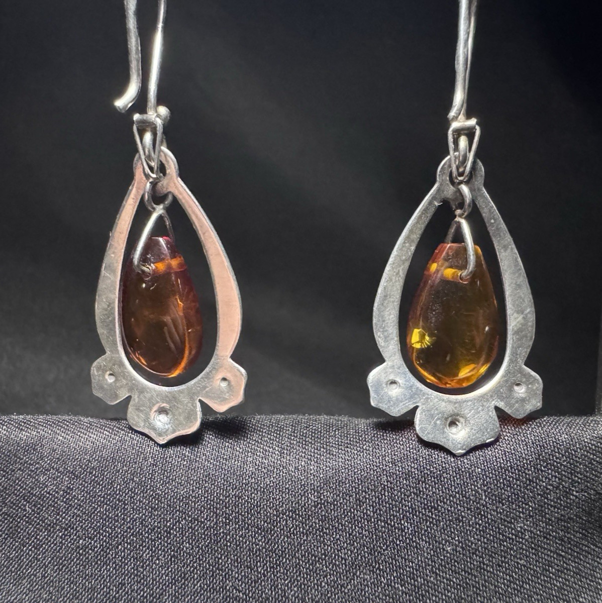 Vintage Soviet 925 Silver Cognac Amber Drop Earrings, USSR 1989 Hallmark, 2″