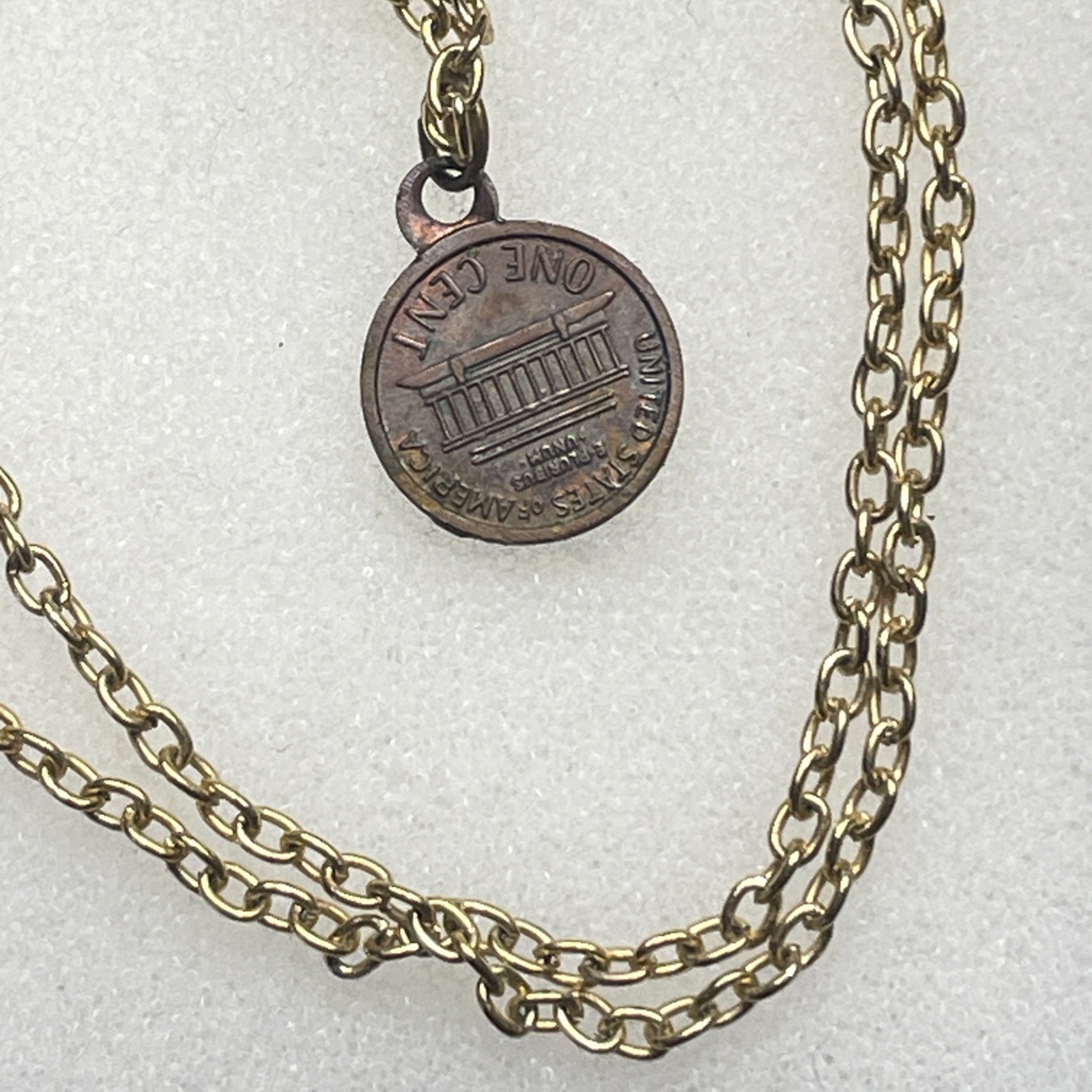 Miniature 1964 penny 1cm Coin Charm Pendent Necklace Vintage 18” gold tone chain