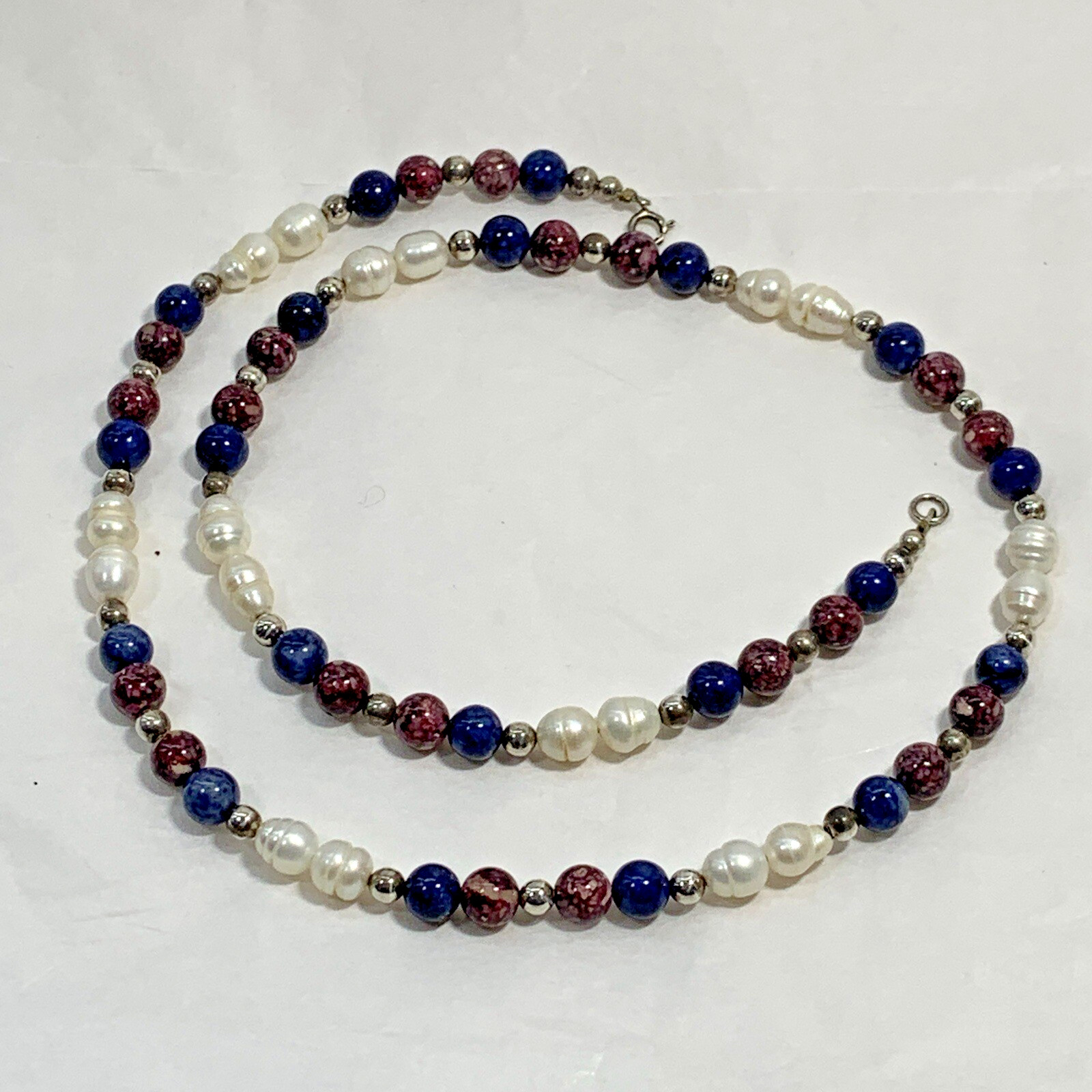 Vintage 925 Sterling Silver Freshwater Pearl Stone Bead Necklace Purple Blue 20″