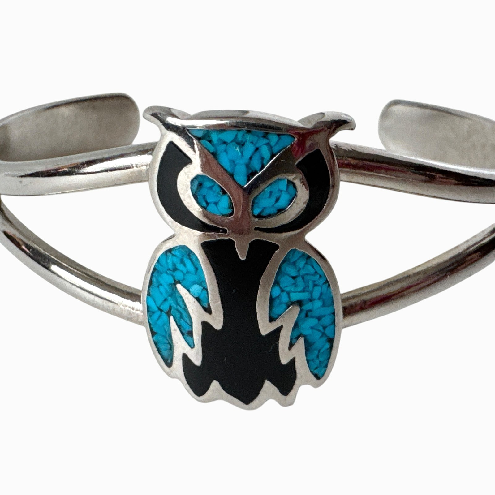 Vintage Silver Tone Owl Turquoise Chip Inlay Cuff Bracelet ~ 7″