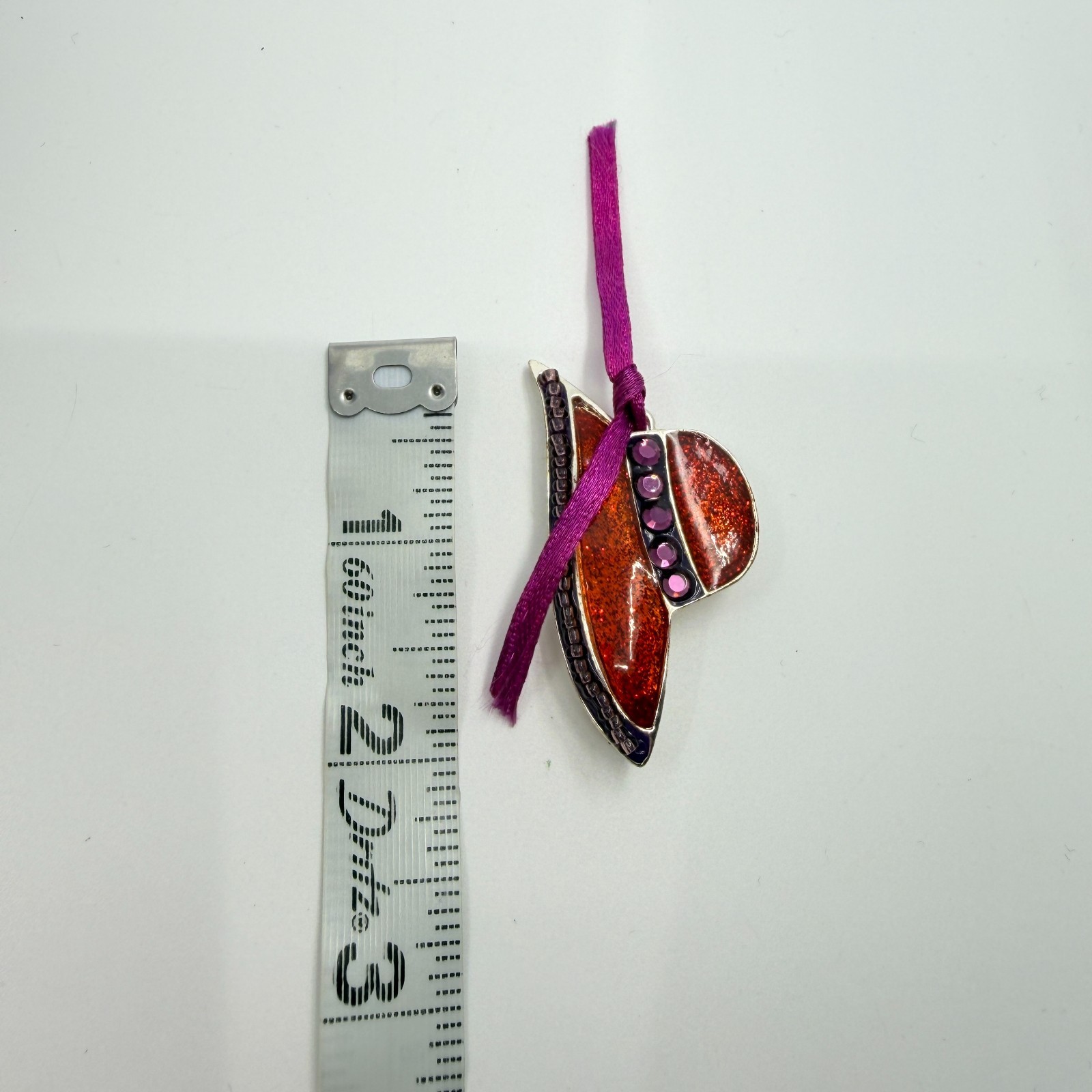 Vintage Chico’s Red Glitter Enamel Sun Hat Brooch Purple Ribbon Beaded Pin