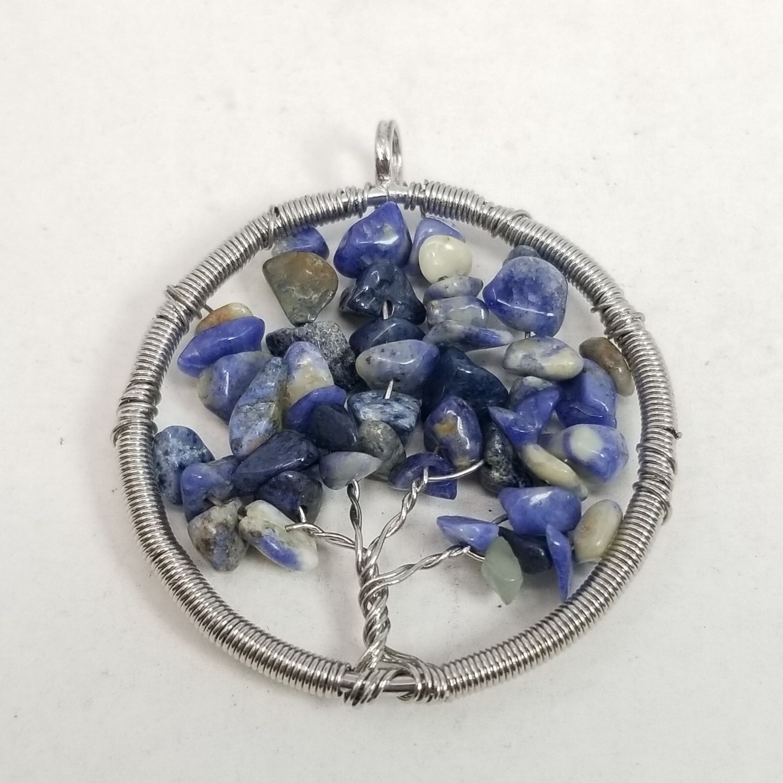 Vintage Blue and Slver Tone Wire Wraped Tree Pendant, Beaded Stone, Tree of Life