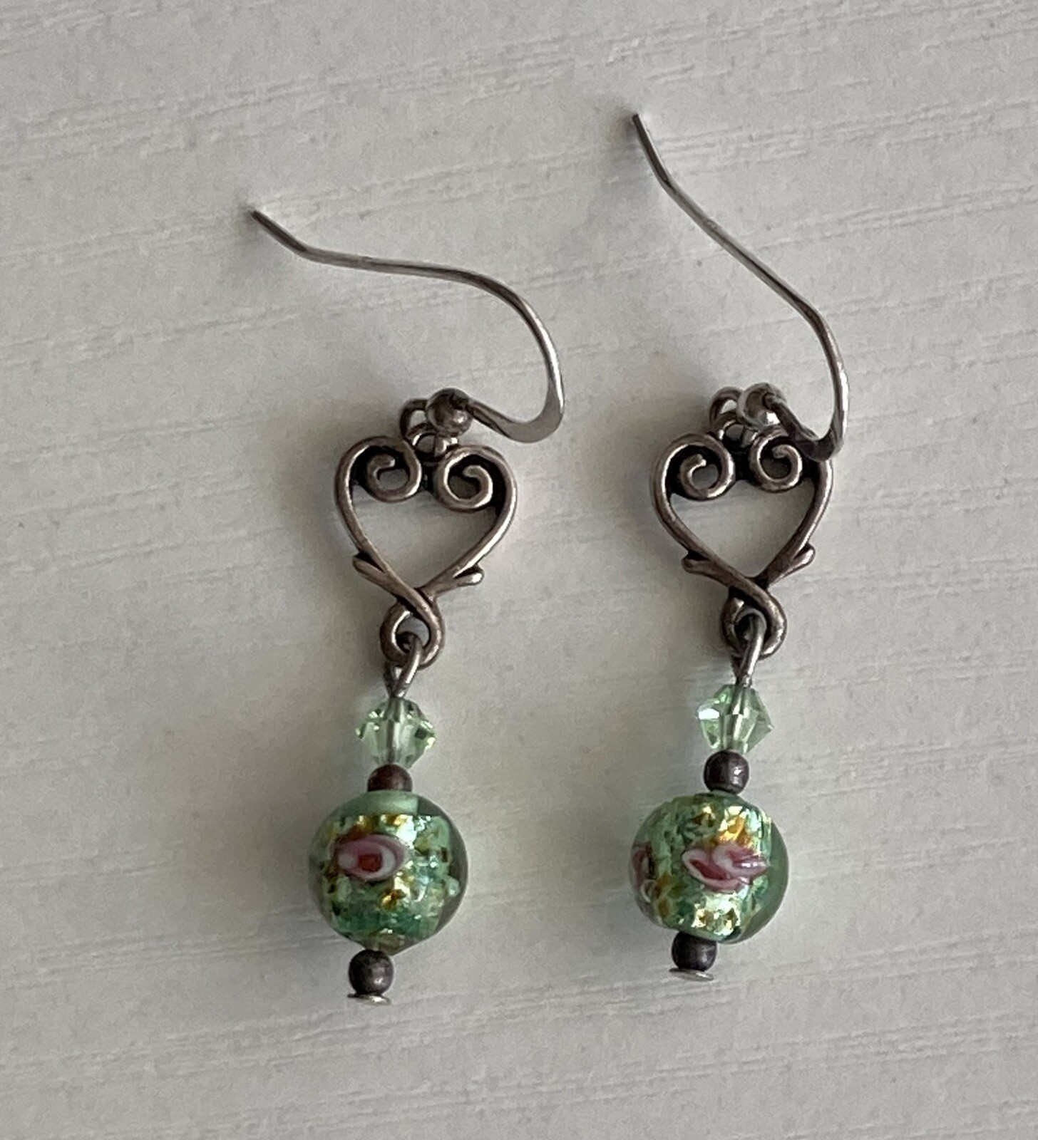Sterling Silver Heart Round Glass Bead Earrings Dangle Drop Green Pink 1.75inch