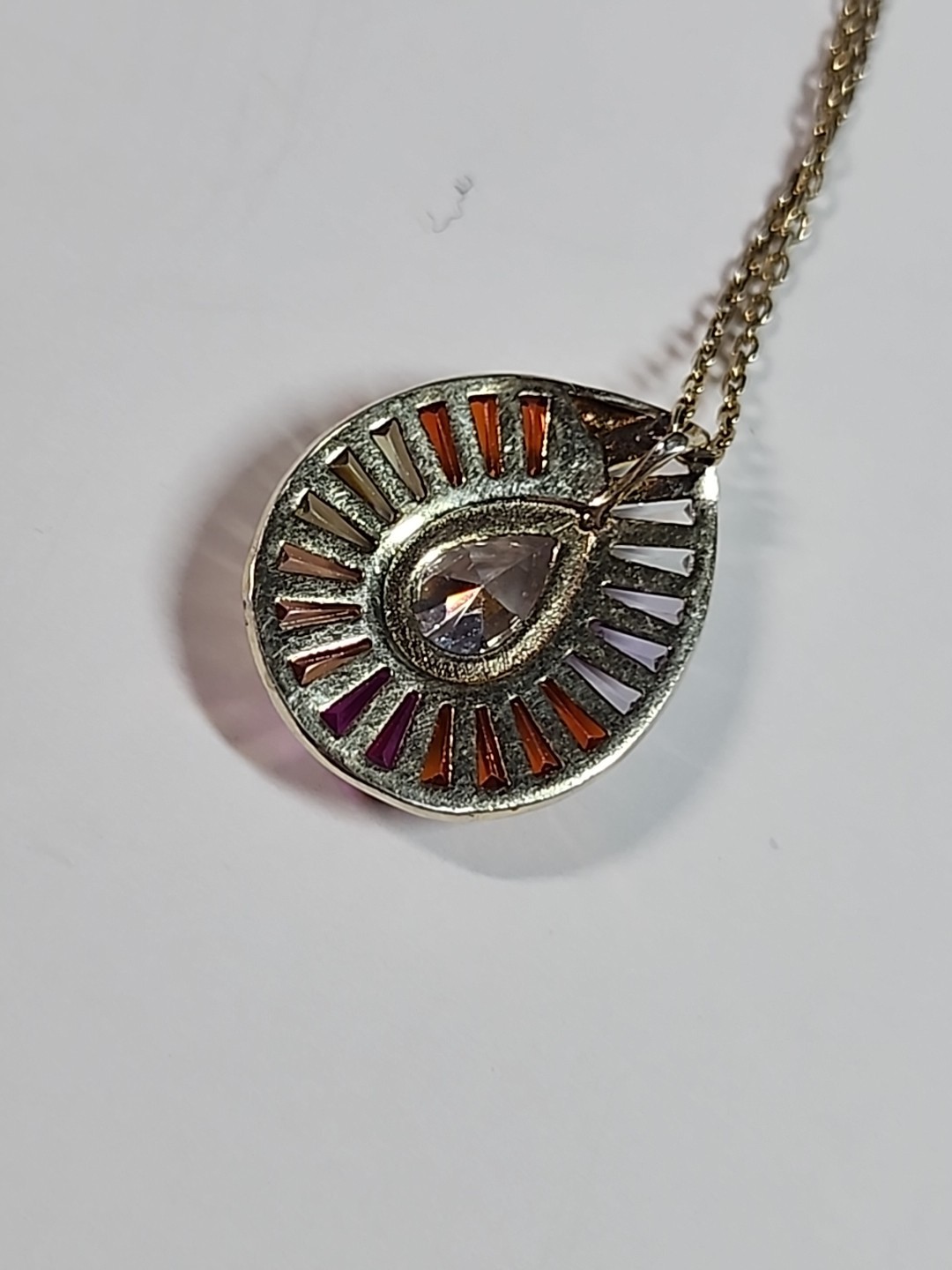 Rainbow Cluster Stones Teardrop Pendant Gold Over .925 Silver 17.5″ Necklace