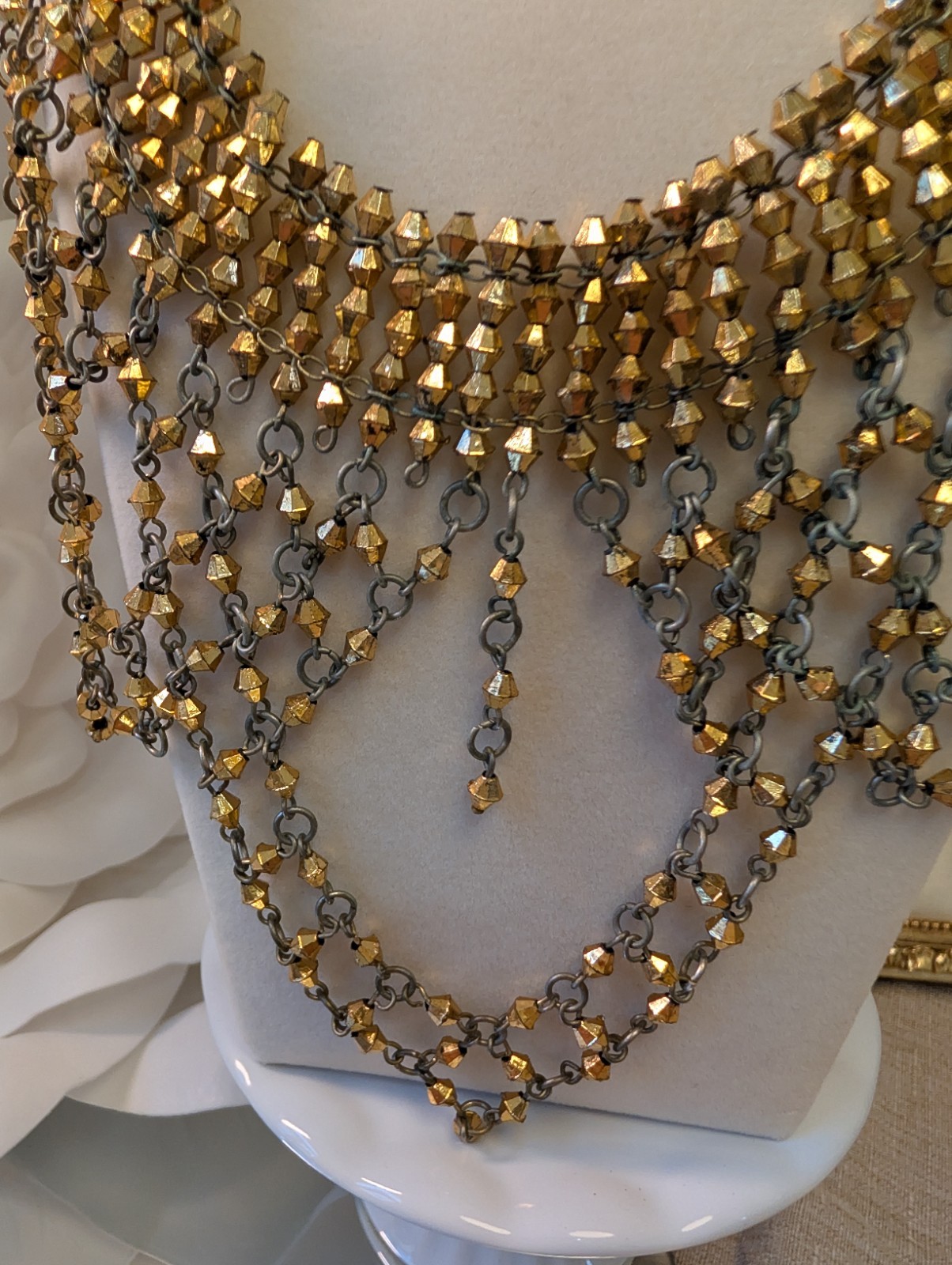Vintage Couture Statement Bib Necklace 33.35g Gold Faceted Beads Fringe Chain