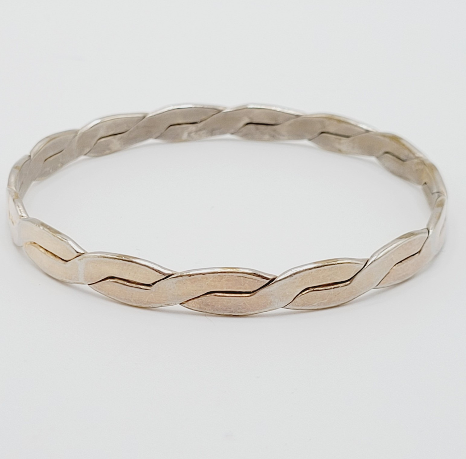 Vintage Mexico Metal Flat Braid Worn Silver Tone Brass Bangle Bracelet 8 Inch