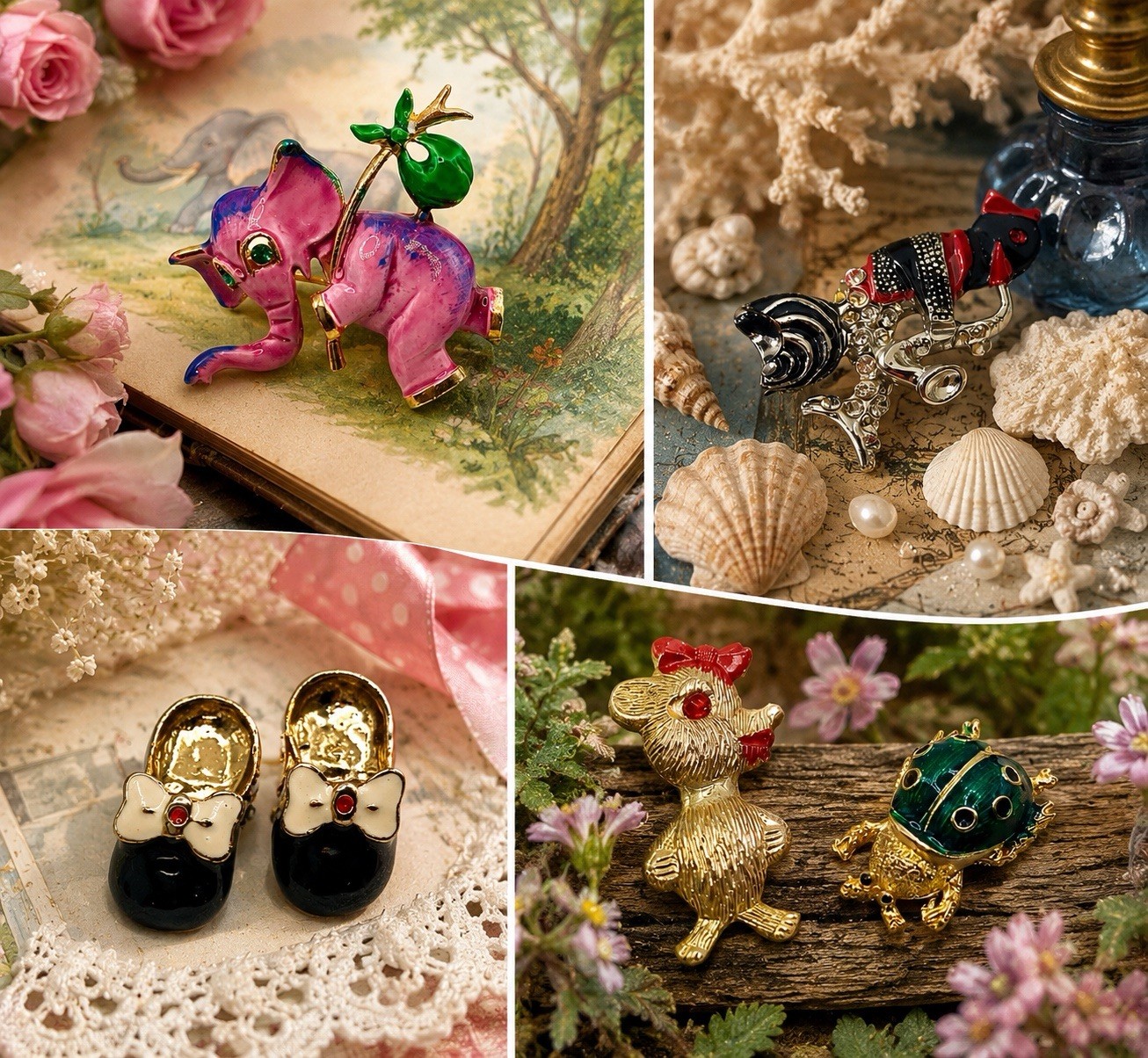 Vintage Kawaii Brooch Pin Lot LG Elephant Bear Ladybug Fish Shoes Hong Kong