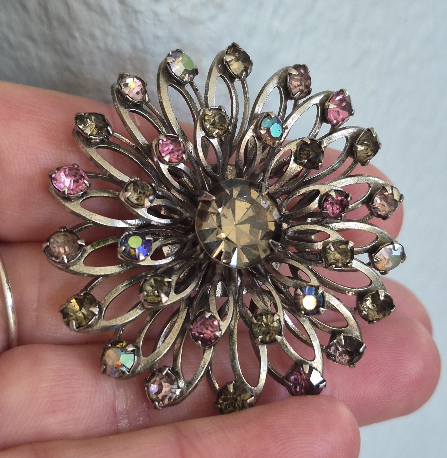 Vintage Pin Brooch Flower Design Silver tone Crystals in Pinks, Purples, Browns