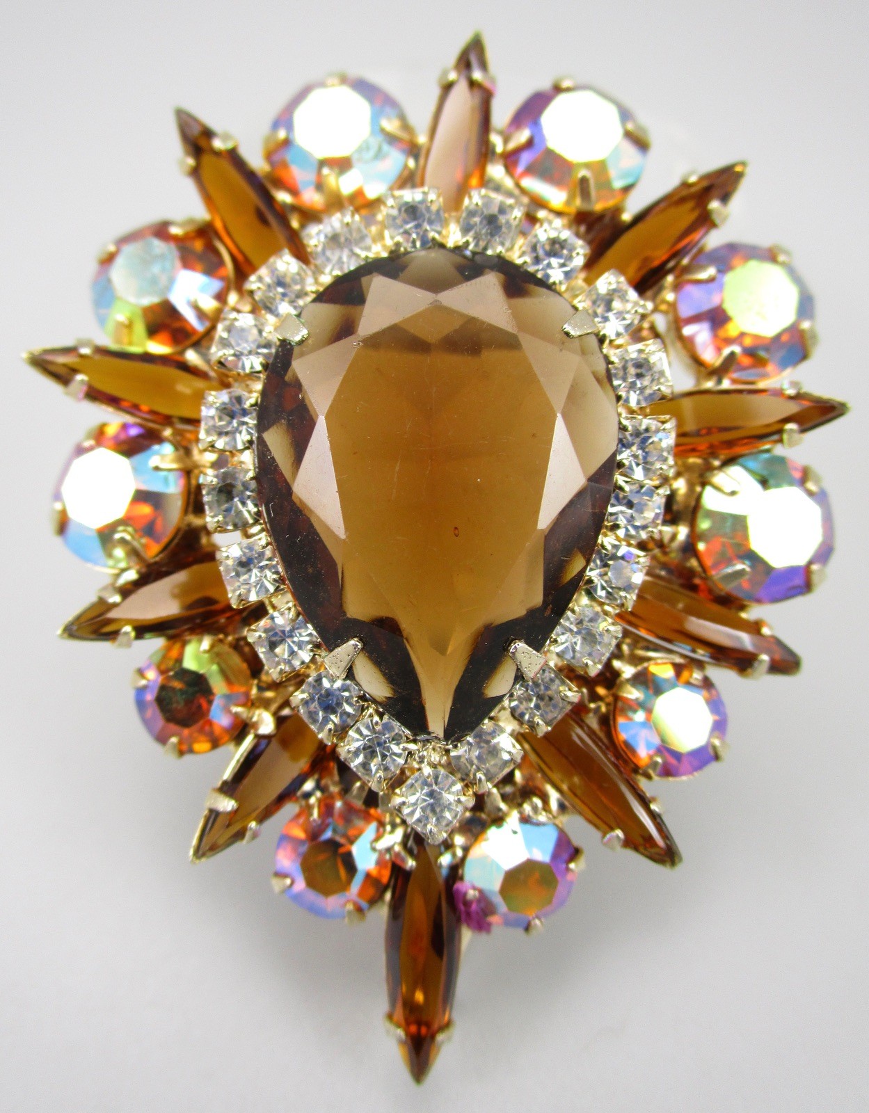 GORGEOUS DELIZZA & ELSTER JULIANA TOPAZ BOREALIS RHINESTONE BROOCH PIN
