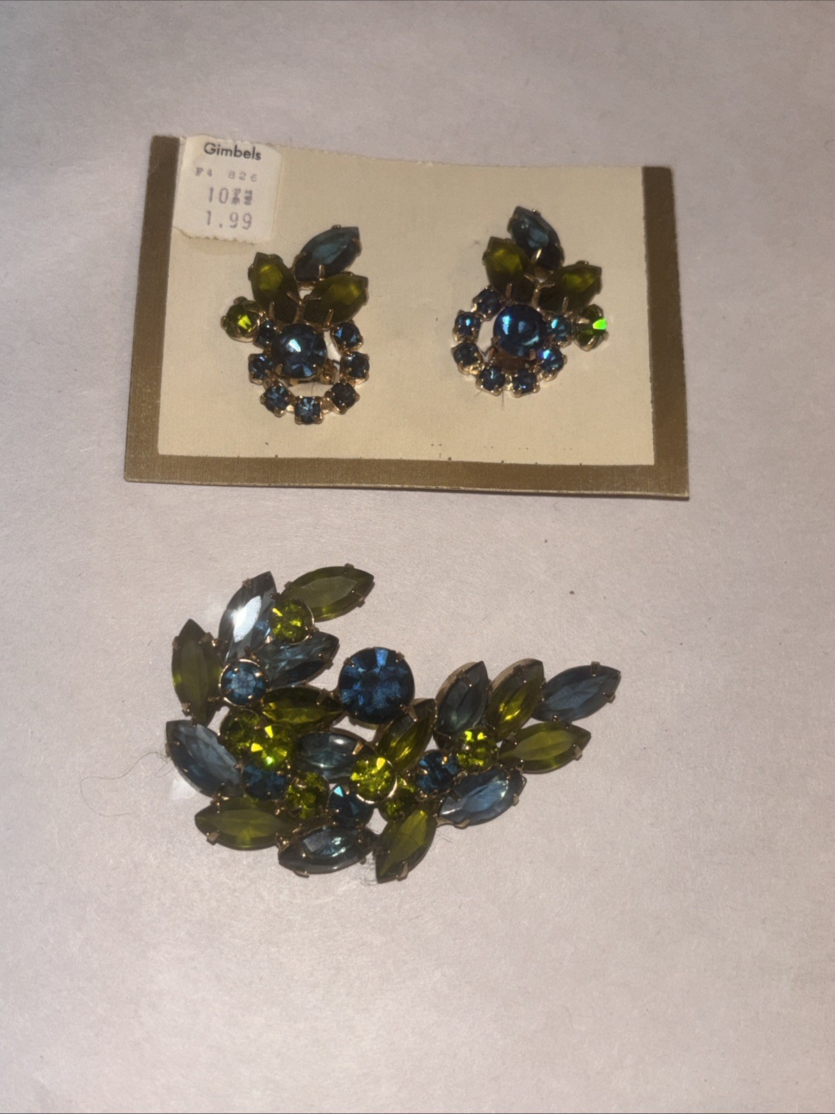 Vtg DeLizza & Elster (Juliana)Blue & Green Rhinestone Demi Parure wGimbels Card