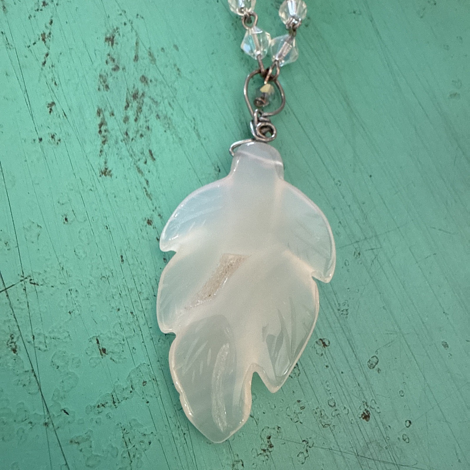 VTG Y2K NECKLACE Layer AGATE LEAF GEODE CRYSTALS AB Boho Hippie Gypsy Wedding