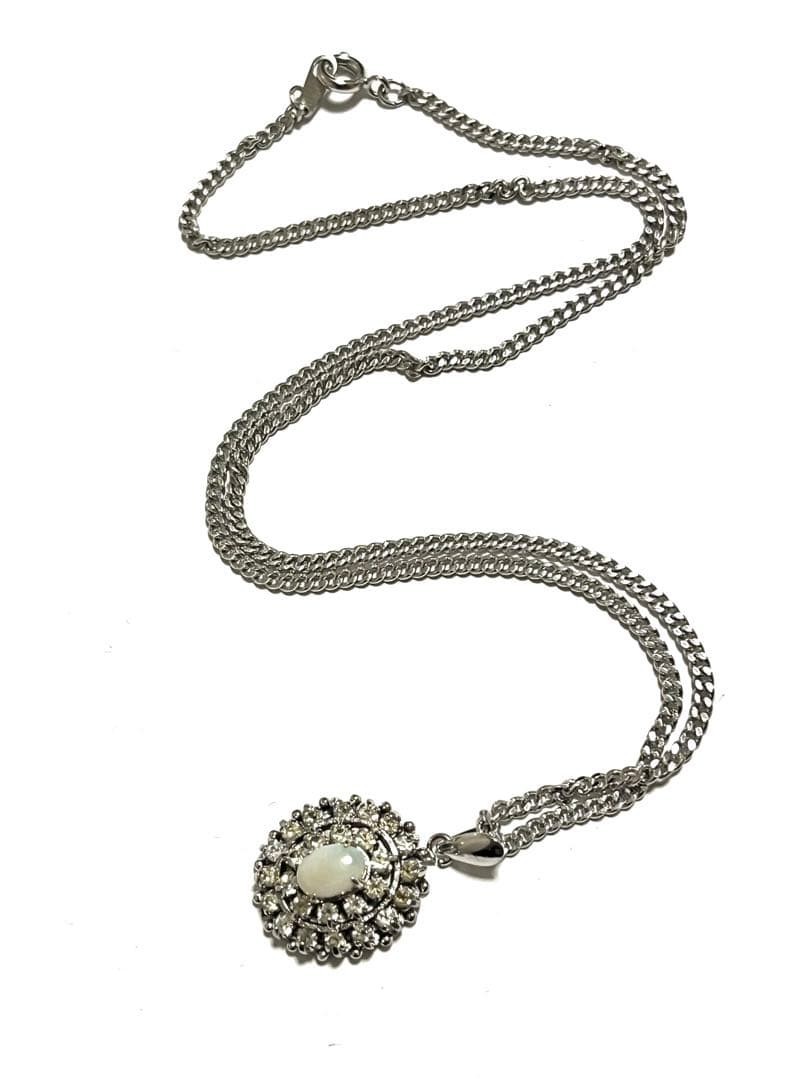 Vintage Opal Necklace Silver 925 Rhinestone Pendant 45cm Elegant Jewelry
