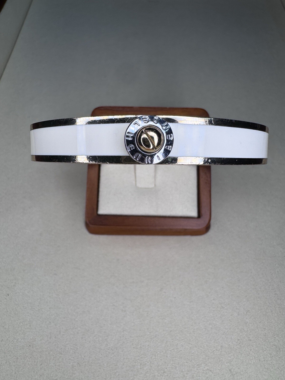 Henri Bendel White Enamel Screw Motif Bangle Bracelet Gold Tone Hinged Designer