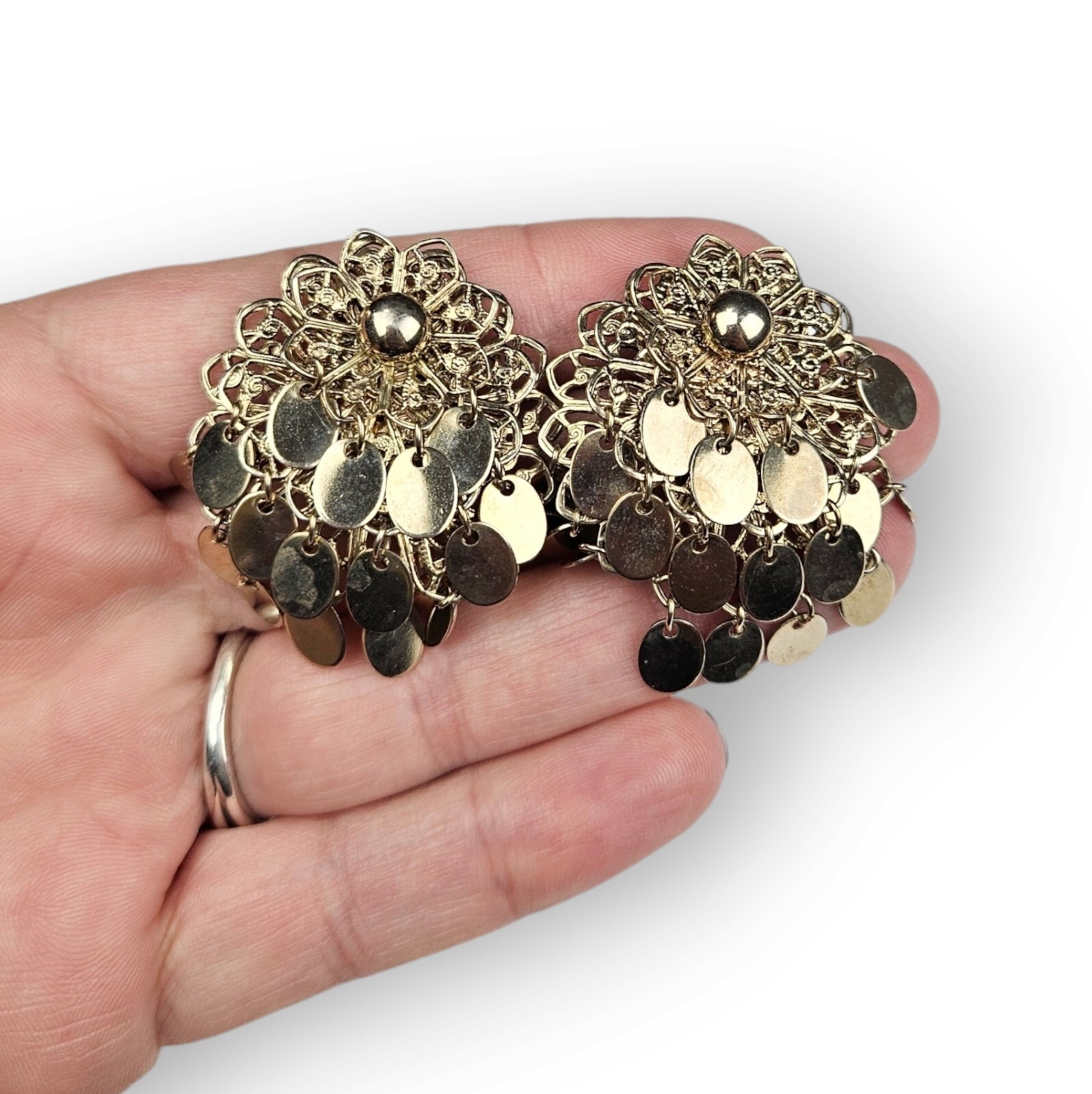 Vintage Filigree Flower Earrings Dangling Fringe Brass Layered Clip On 1.5″ Long
