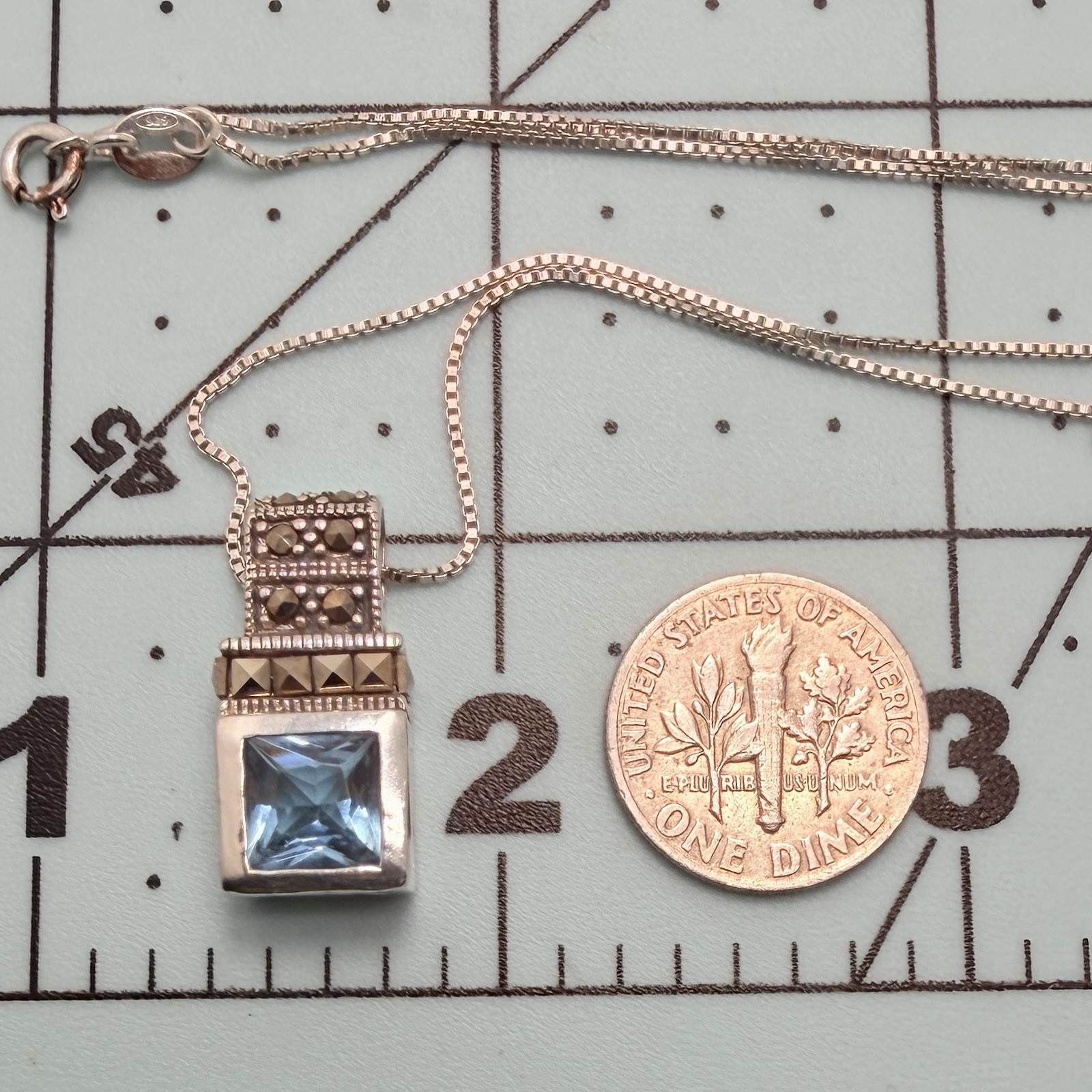 Sterling Silver Marcasite Blue Crystal Glass Art Deco Style Pendant 18′ Necklace