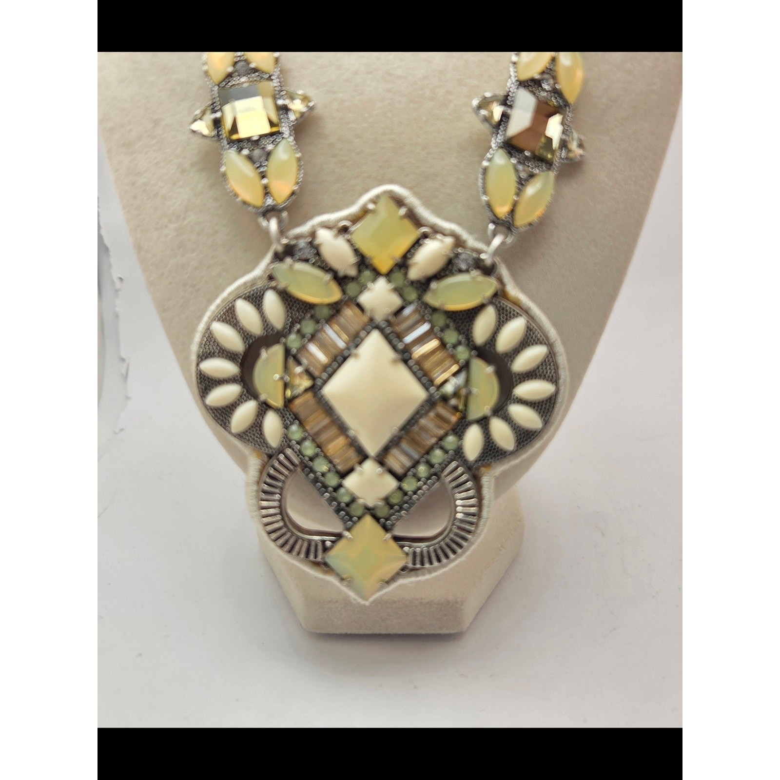 Stella & Dot Statement Necklace Mixed Media Pendant Silver Tone Yellow Cream 24″