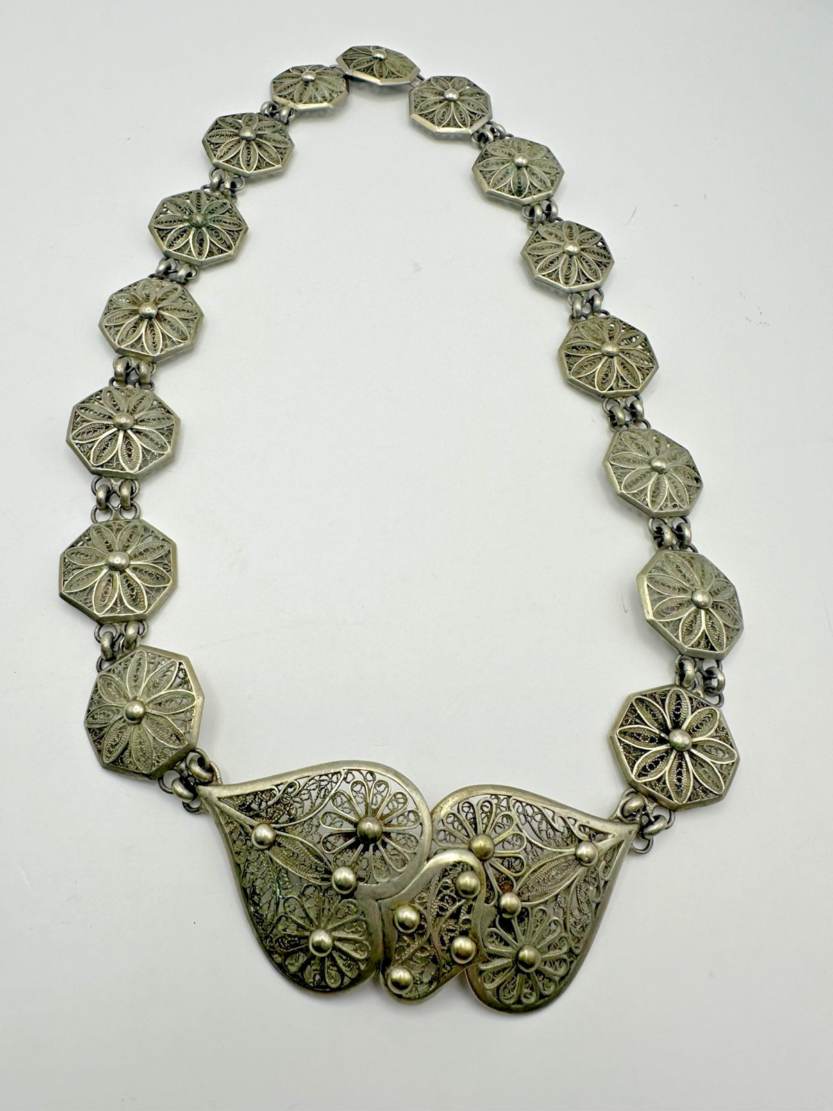 Antique 800 Silver Filigree Necklace Hearts Flowers Front Close English Hallmark
