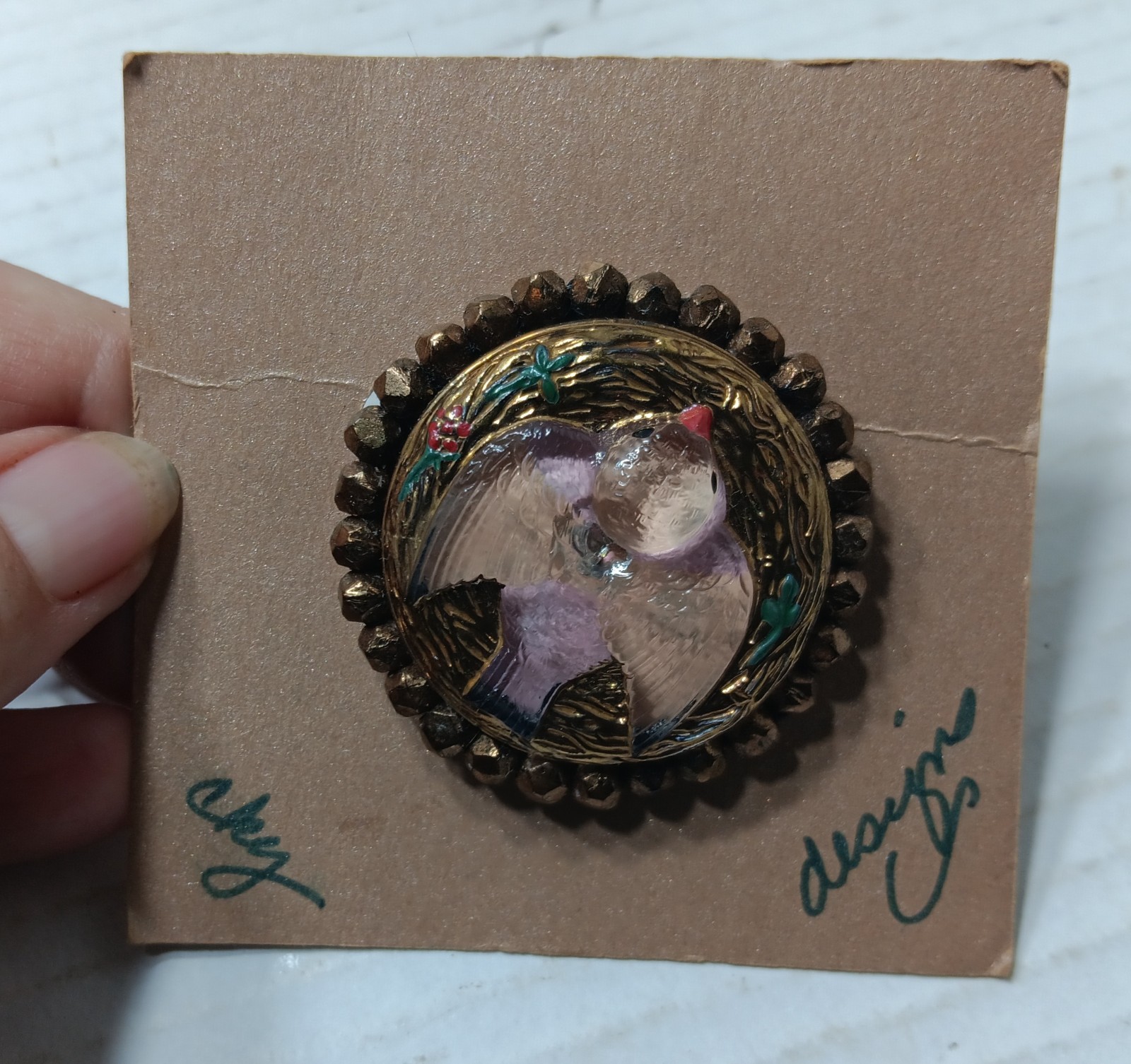 Artisan Czech Button Vintage Glass Beads Brooch Pin Bird