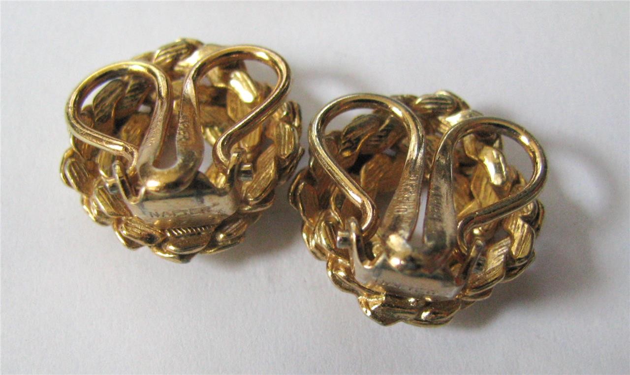 Vtg Napier Circle Brooch Pin Earrings Set Gold Flat Chain Braid Demi Parure