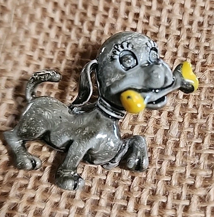 Vintage Enamel Scatter Pin Puppy Dog With Yellow Bone Brooch