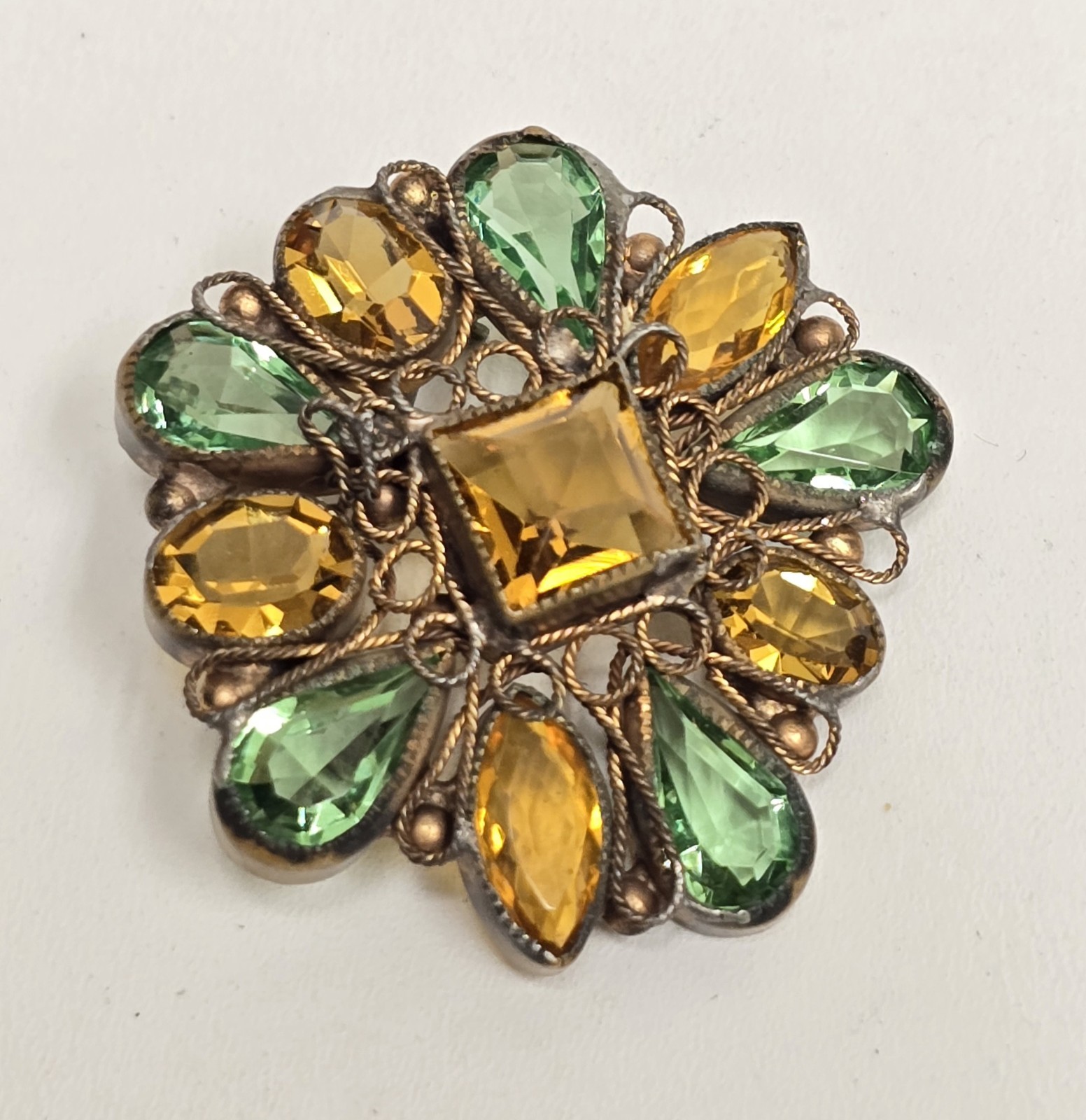 Vintage Fashioncraft Robert Brass Filigree Bezel Green Yellow Rhinestone Brooch