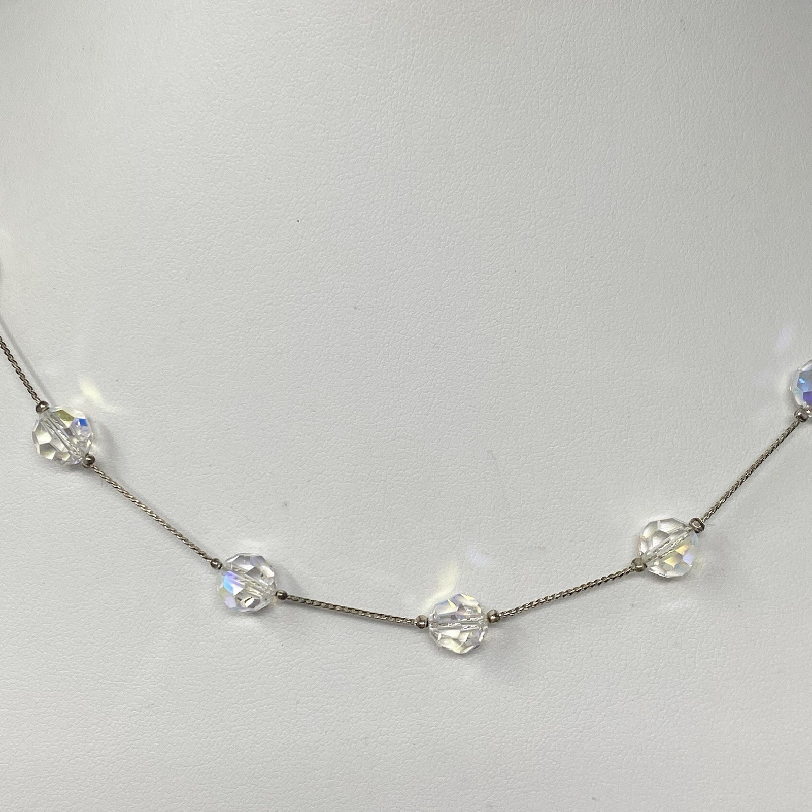 Aurora Borealis Crystal Bead Necklace Faceted Glass Silver Tone Chain Collar 18″