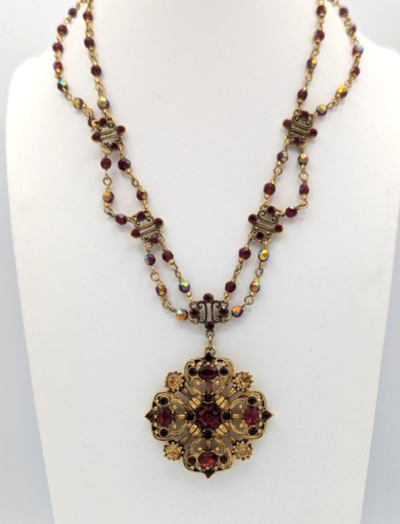 Vintage Avon Red Festoon Pendant Necklace Victorian Revival Maltese Cross